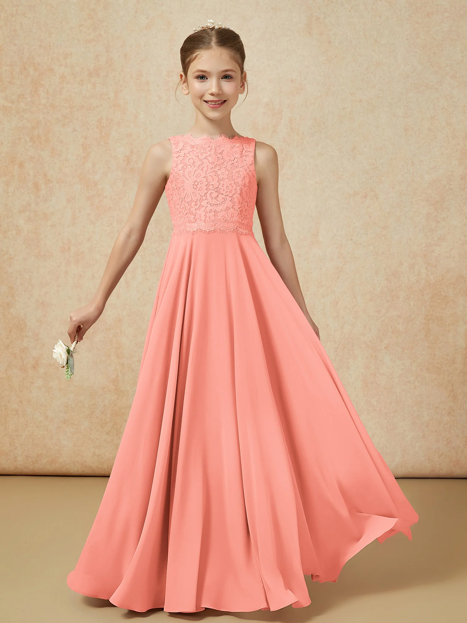 Bateau A-line Floor-length Chiffon Junior Bridesmaid Dress Sunset - Image 5