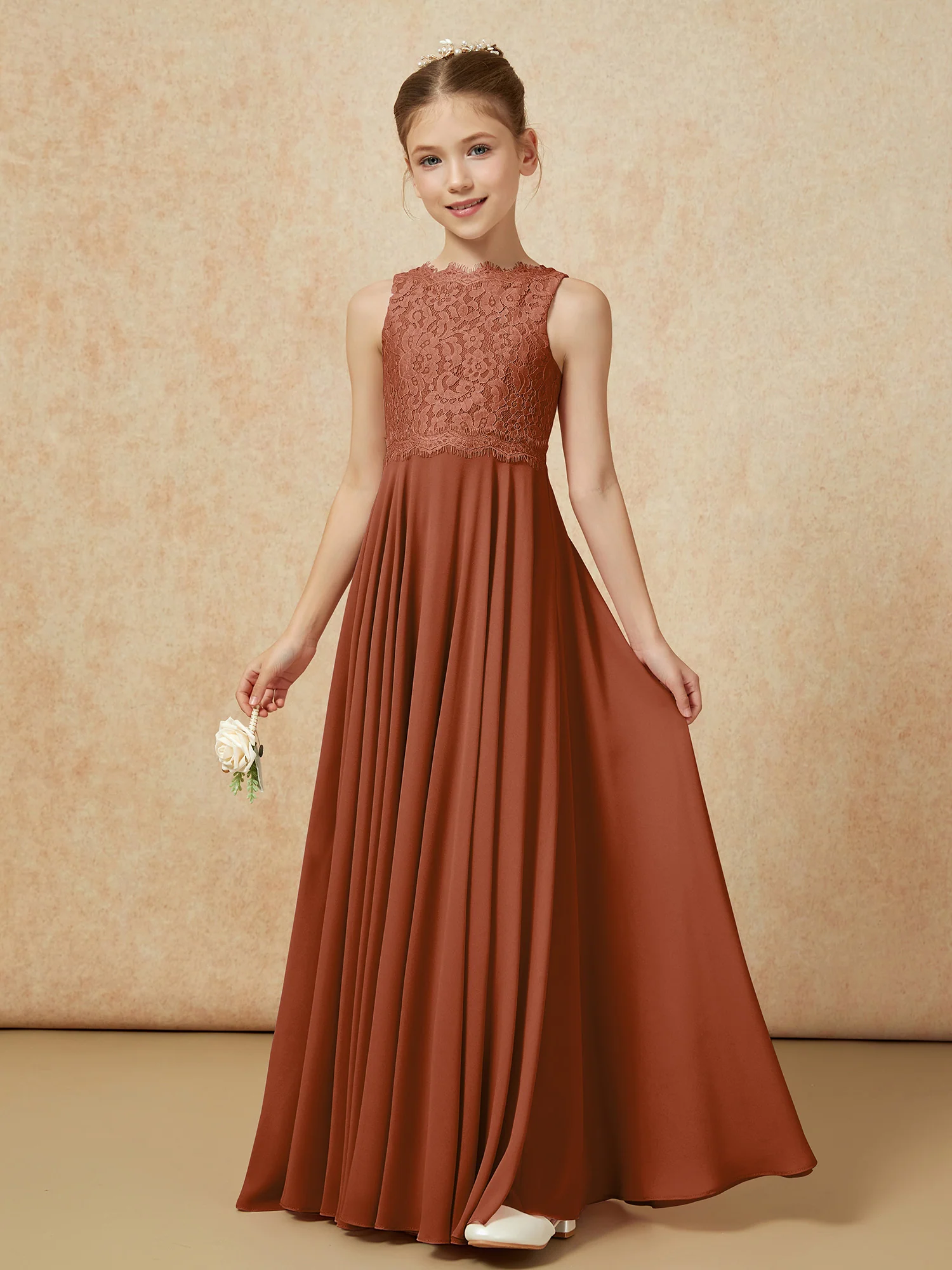 Bateau A-line Floor-length Chiffon Junior Bridesmaid Dress Terracotta - Image 3