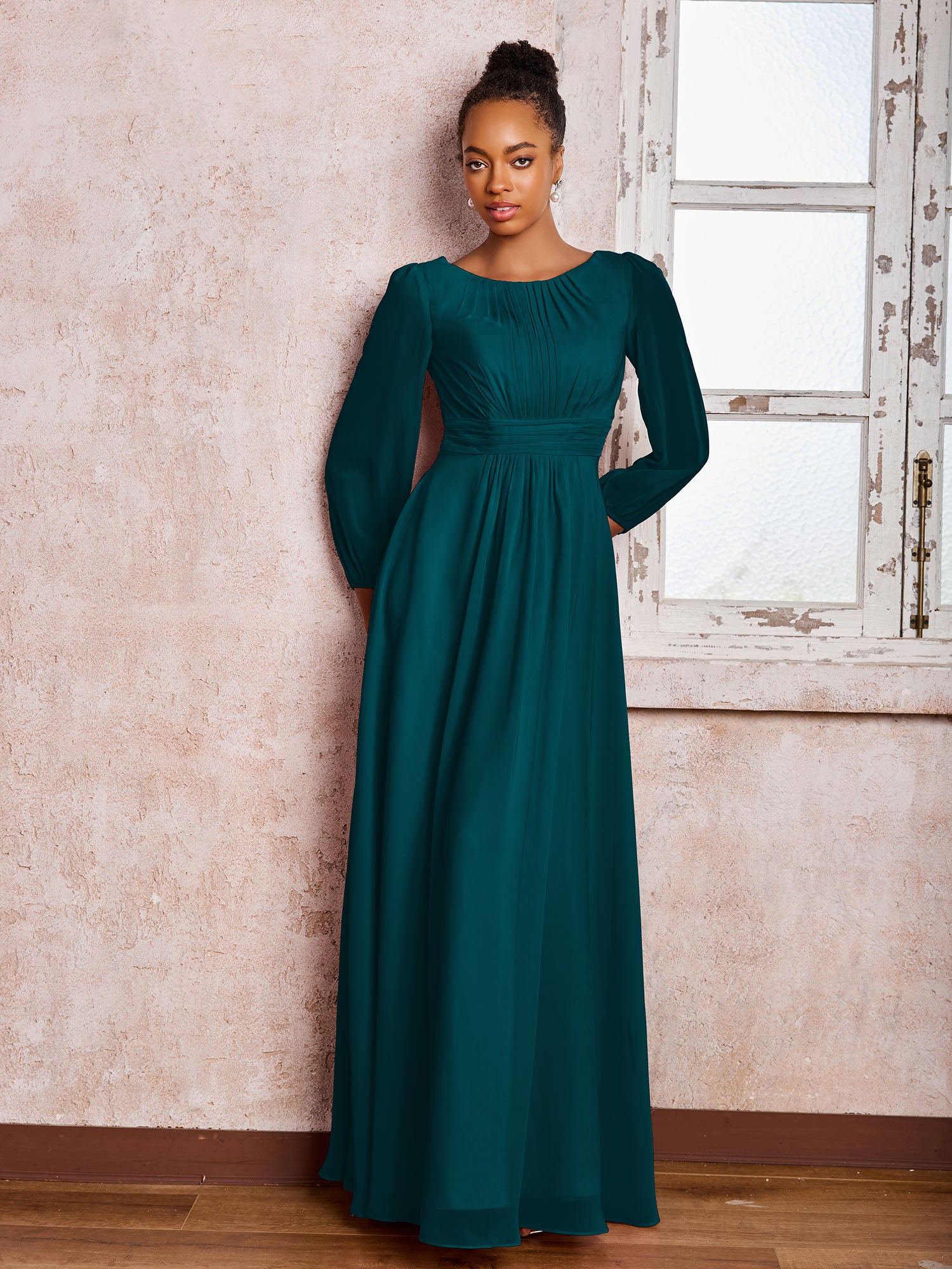 Bateau Neck Long Sleeves Ruched A-line Chiffon Dresses Pine