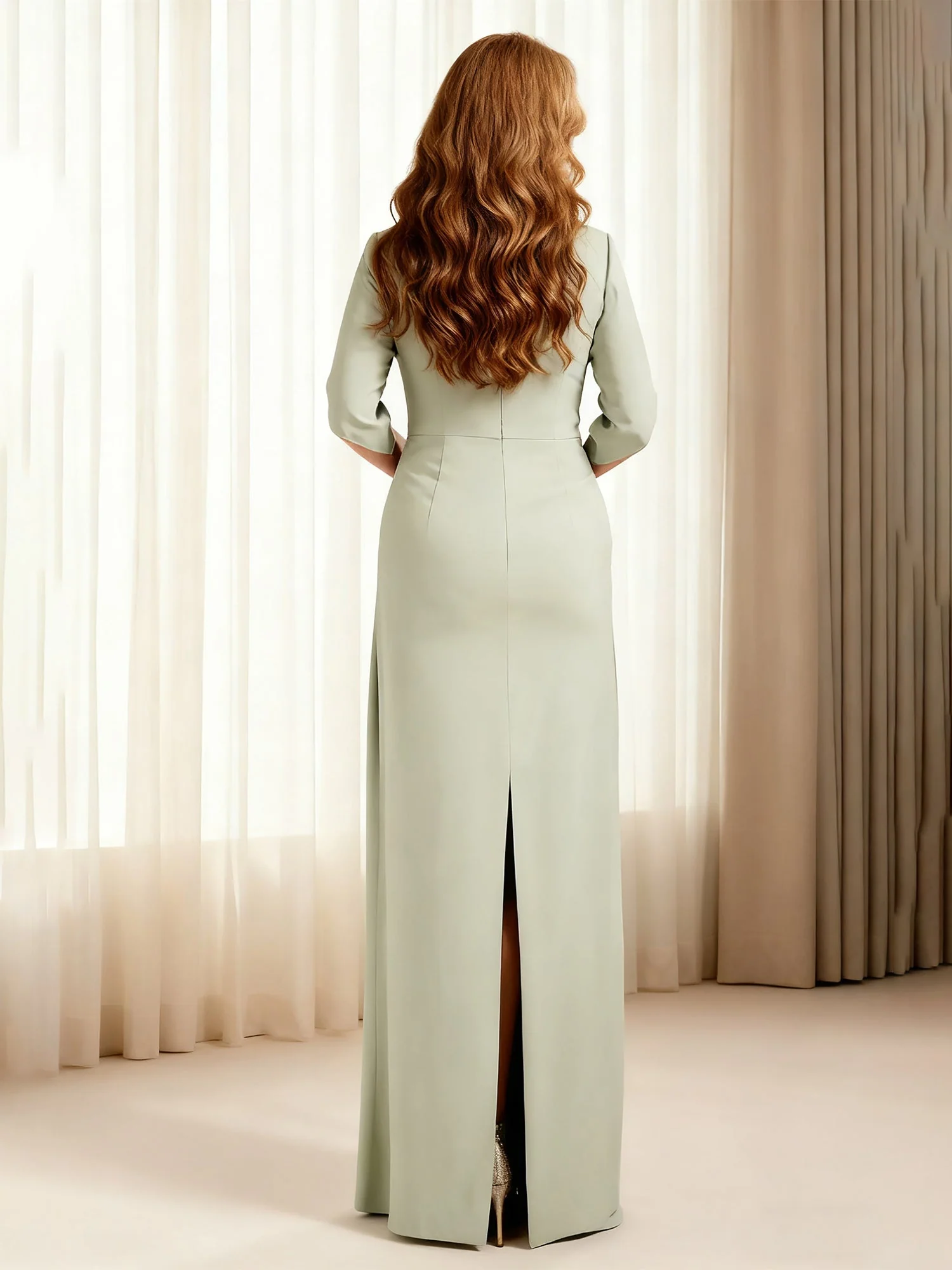 Bateau Neck Pleated Sheath Long Dress With Back Slit Royal Blue - Image 2