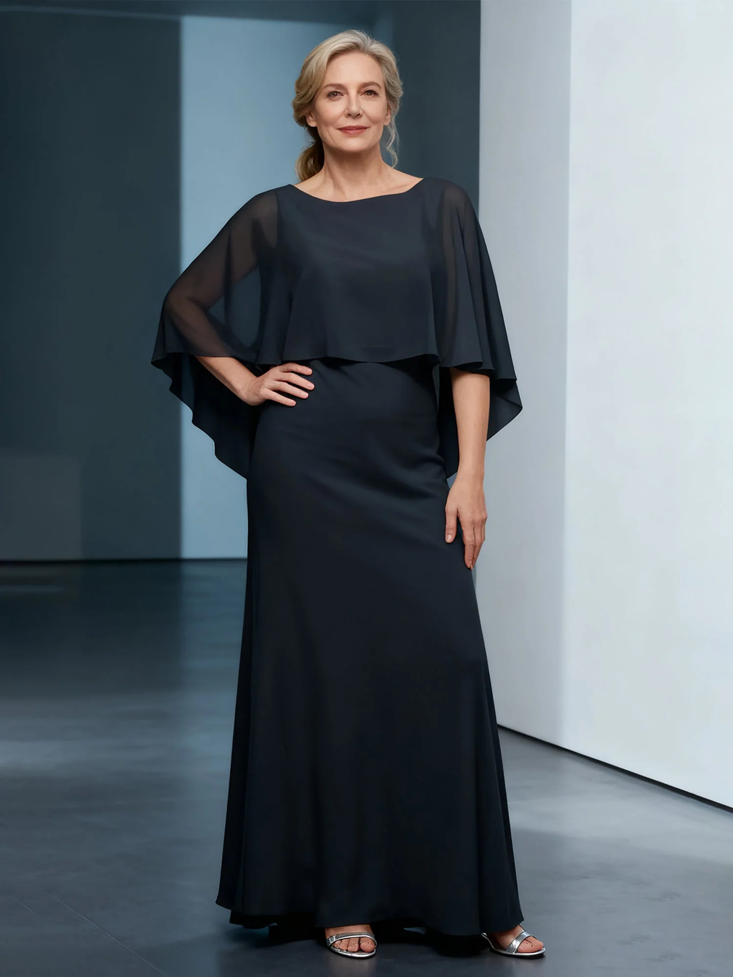 Bateau Neck Sheath Floor-length Dress With Cape Ivory