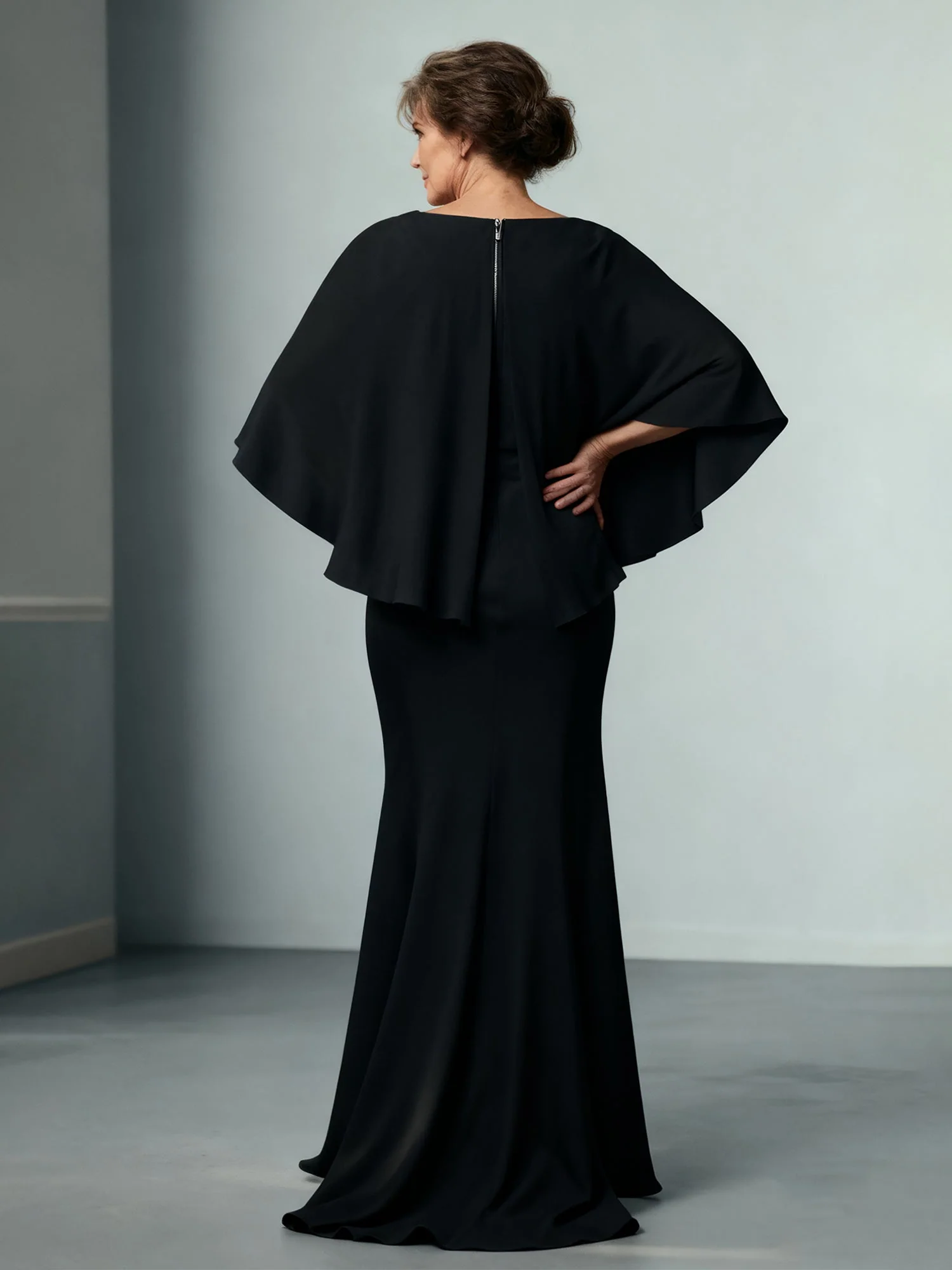 Bateau Neck Sheath Floor-length Dress With Cape Papaya - Image 2