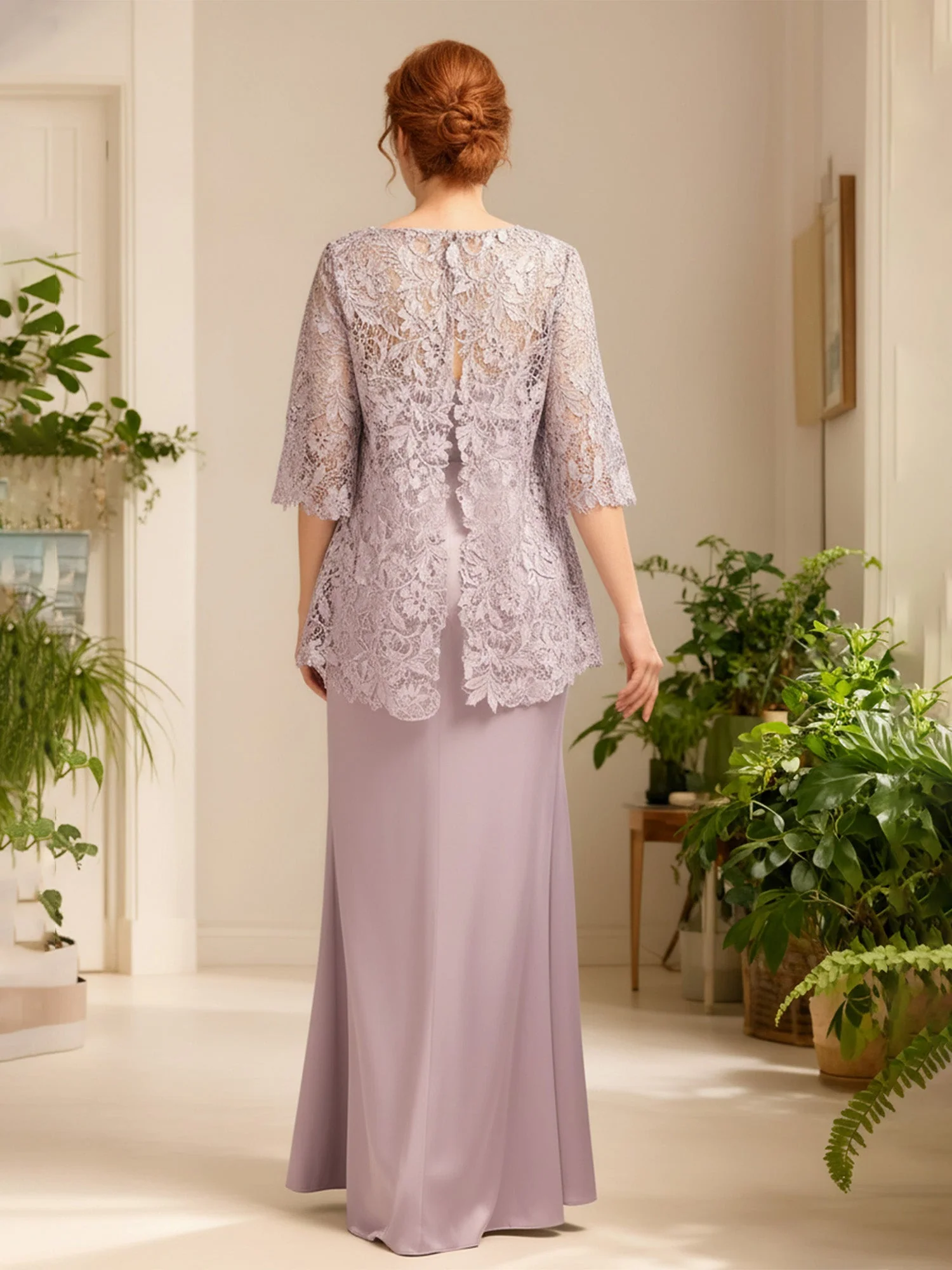 Bateau Neck Sheath Long Dress With Lace Jacket Orchid - Image 2