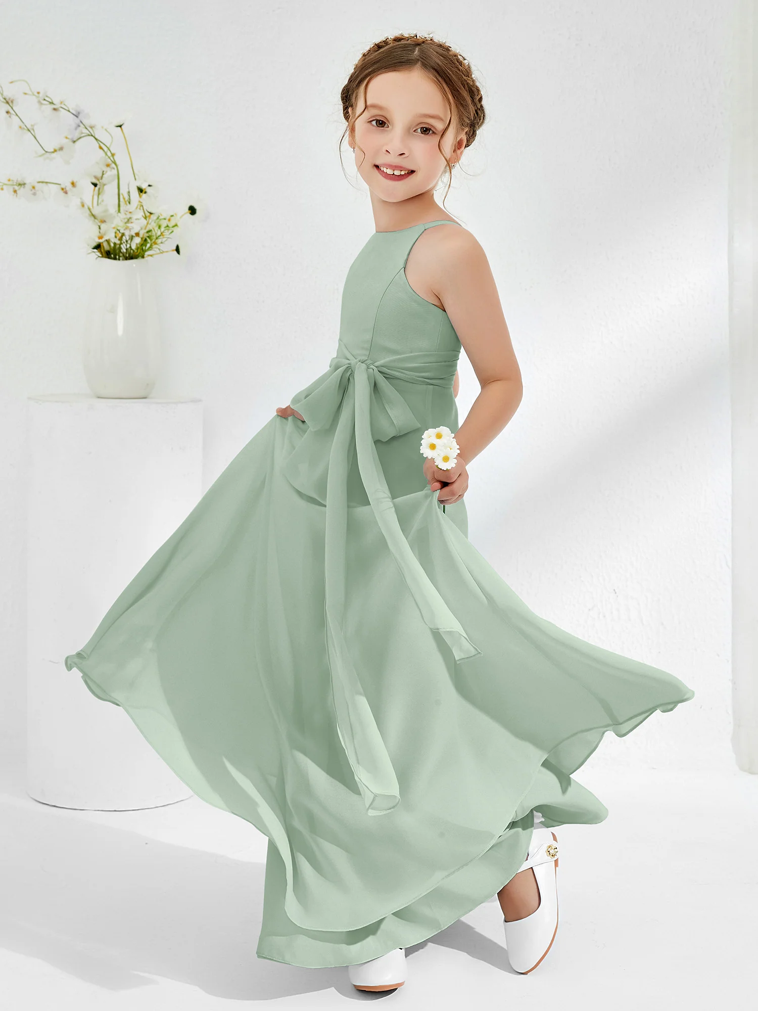 Bateau Neckline Junior Bridesmaid Dresses with Sash Agave - Image 3
