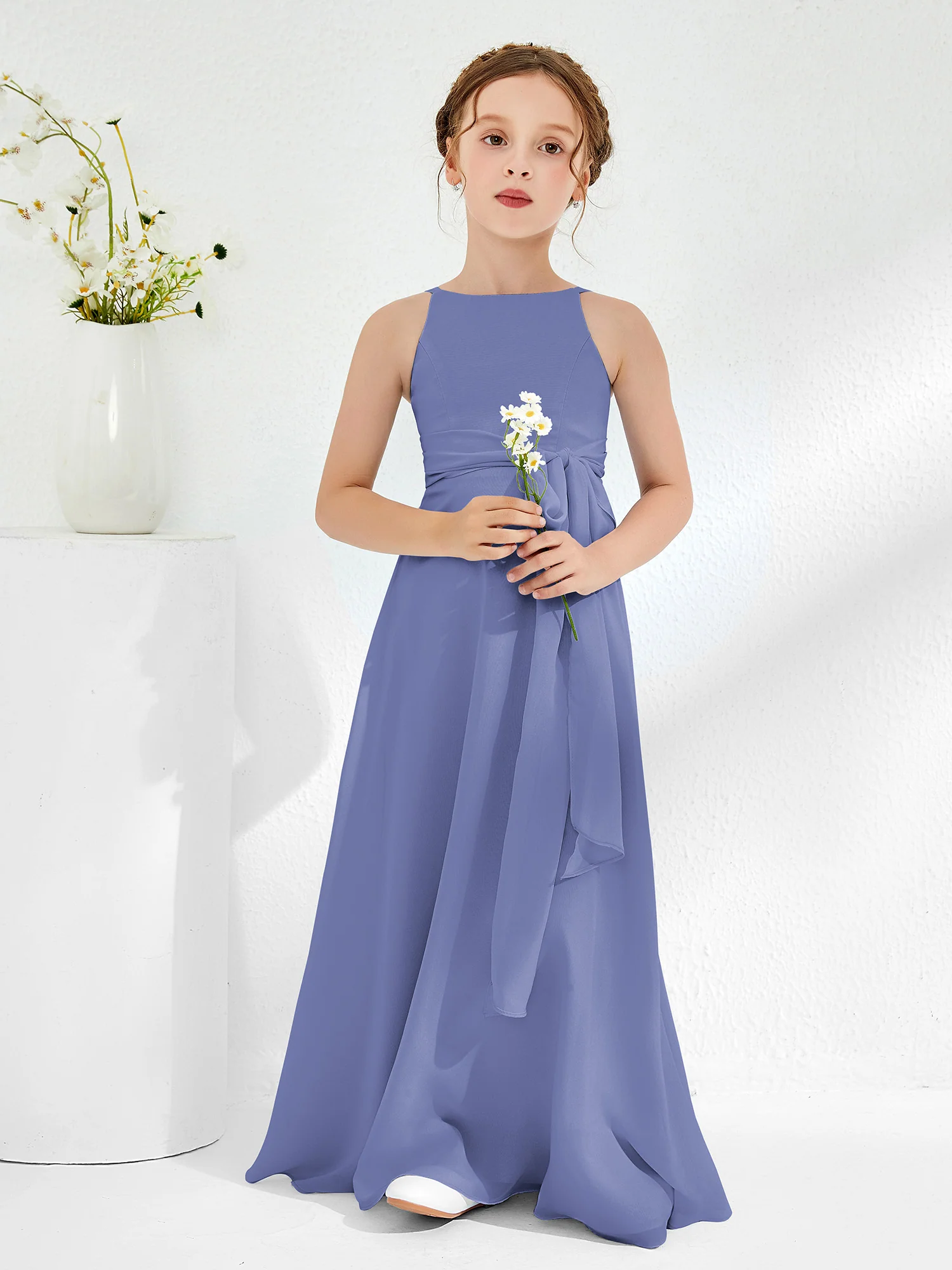 Bateau Neckline Junior Bridesmaid Dresses with Sash Periwinkle