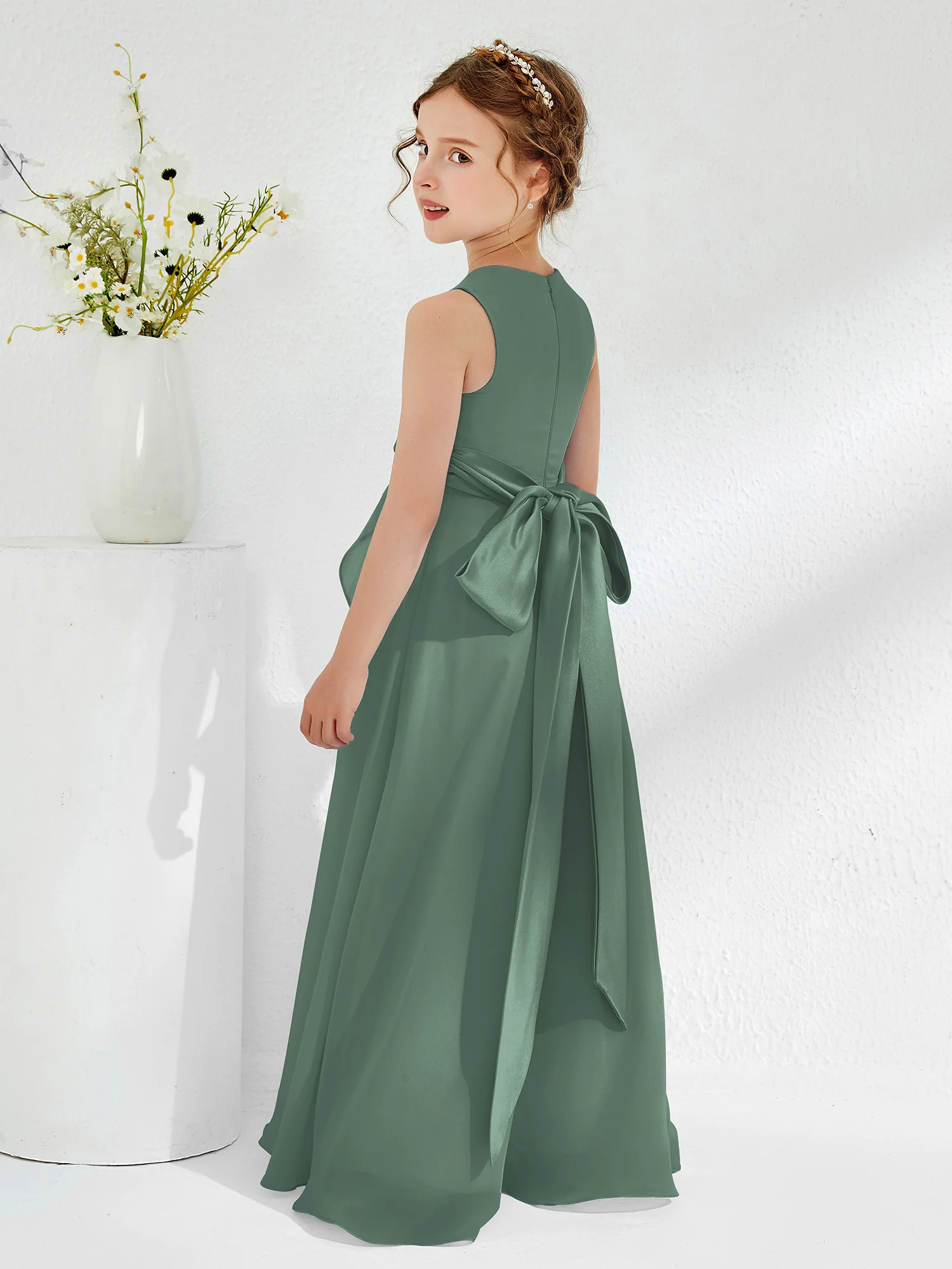 Bateau Neckline Ruffle Junior Bridesmaid Gowns Eucalyptus - Image 2