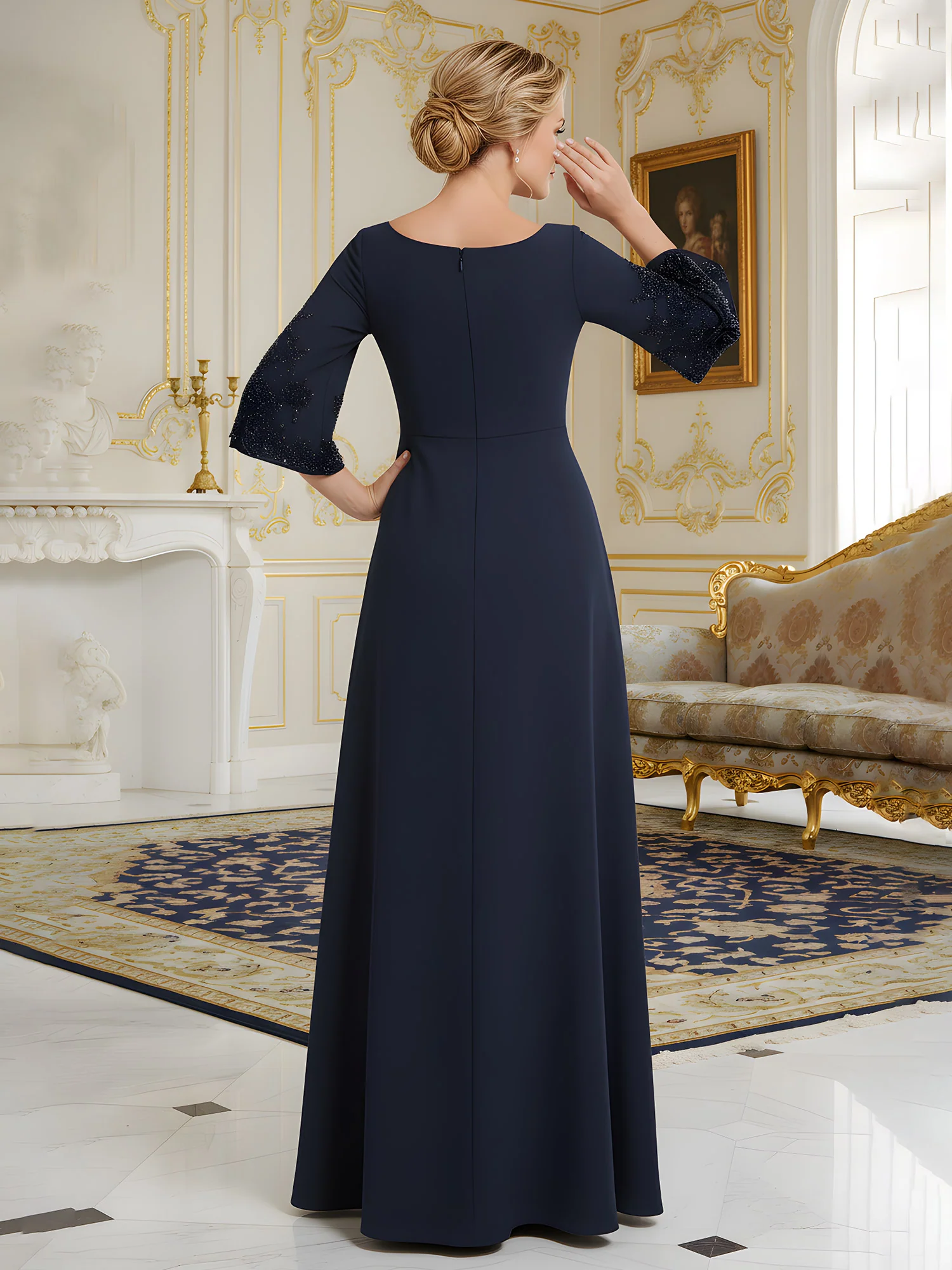 Beaded 3/4 Sleeves A-Line Long Dress With Pockets Dark Navy - Image 2