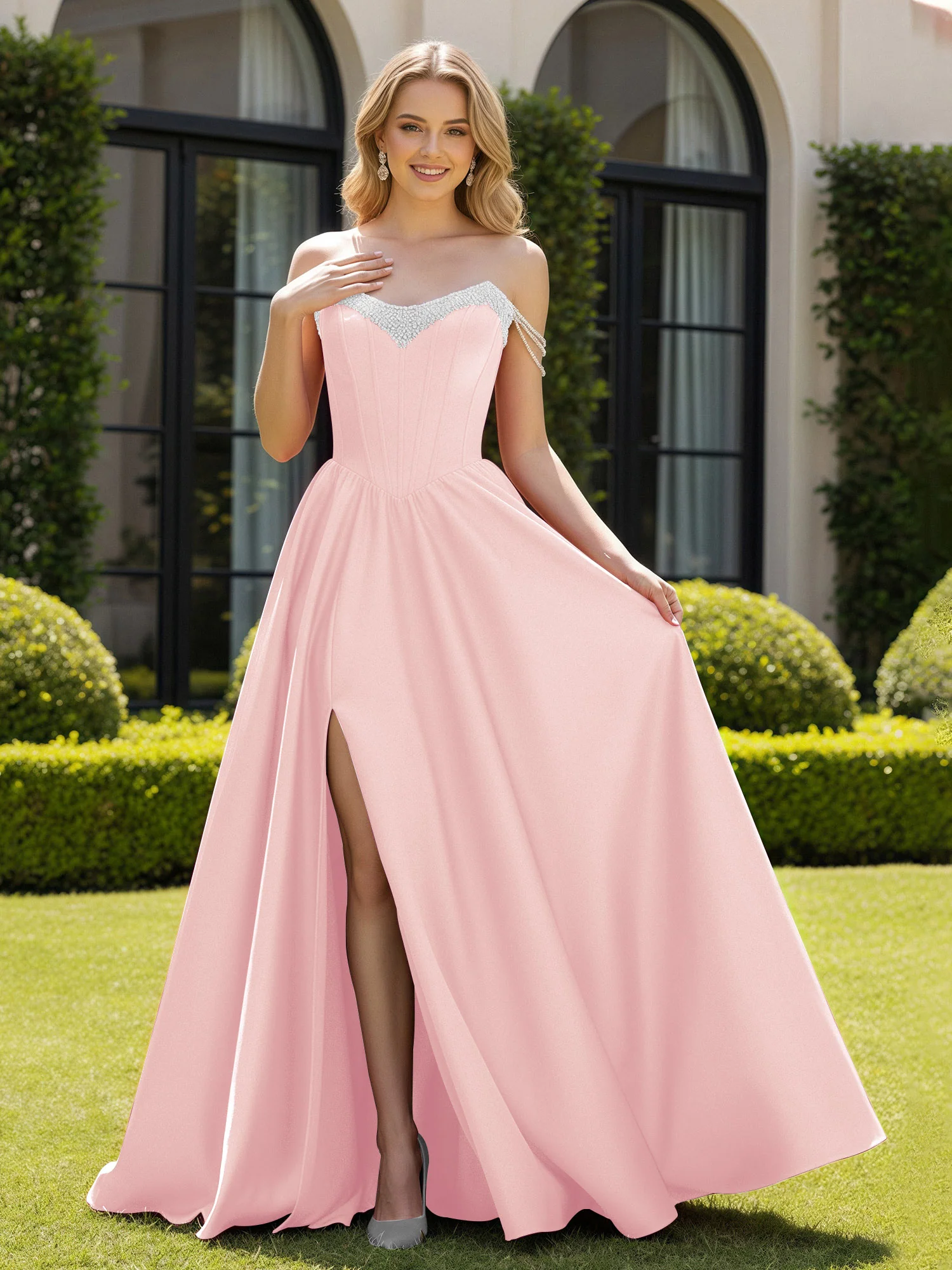 Beaded Off-the-shoulder A-line Sweep Train Slit Gown Blushing Pink