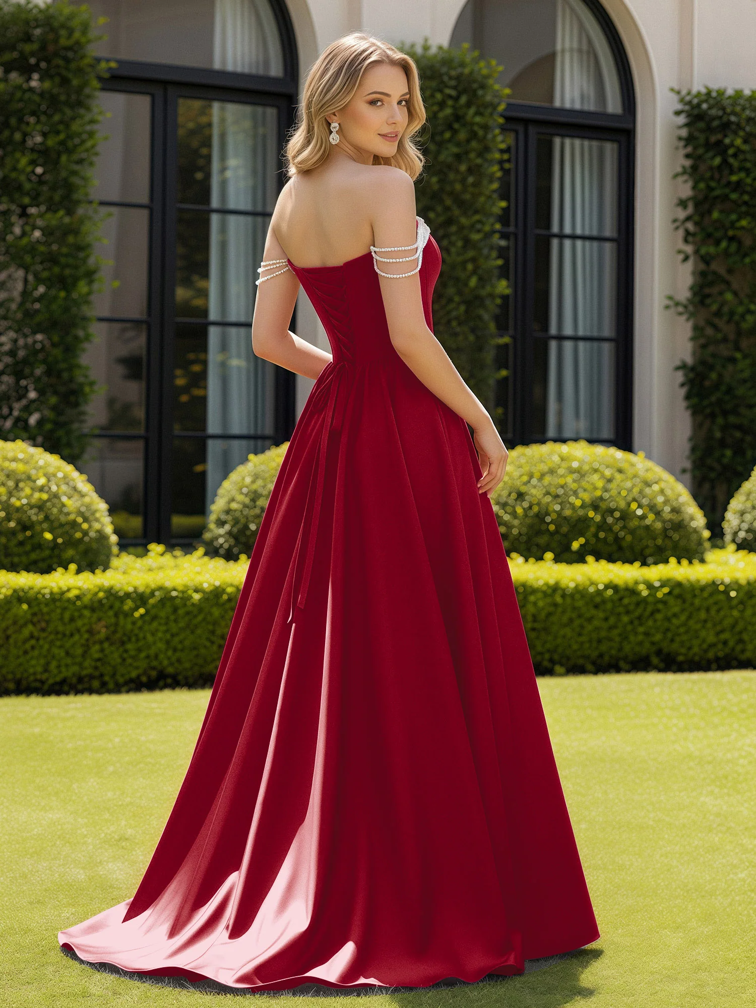 Beaded Off-the-shoulder A-line Sweep Train Slit Gown Burgundy - Image 2