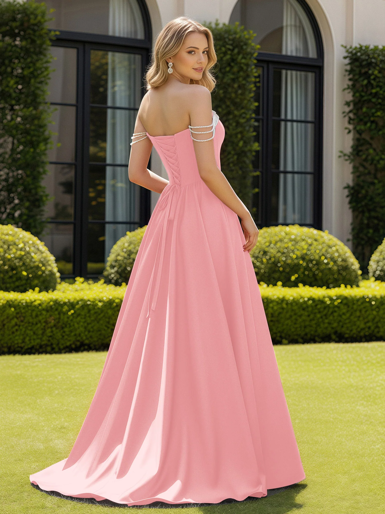 Beaded Off-the-shoulder A-line Sweep Train Slit Gown Flamingo - Image 2