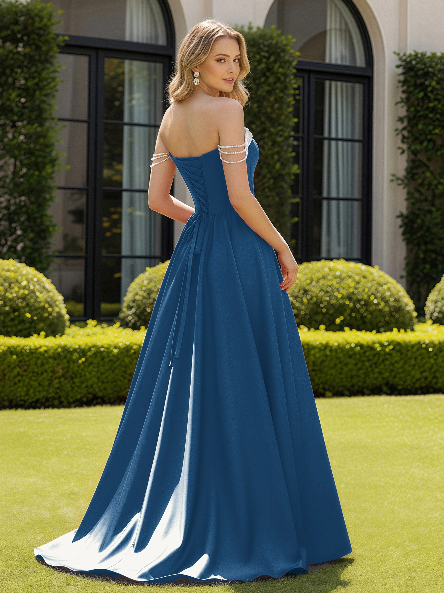 Beaded Off-the-shoulder A-line Sweep Train Slit Gown Ink Blue - Image 2