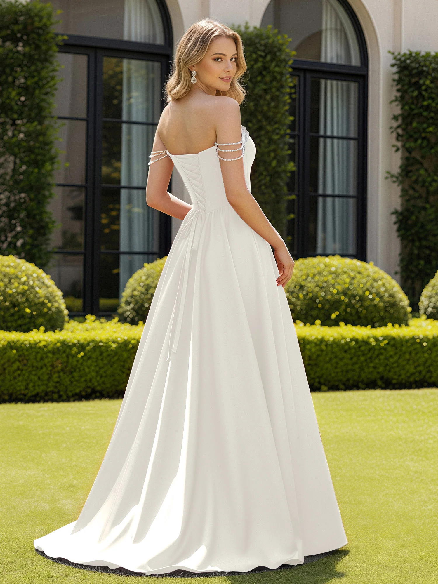 Beaded Off-the-shoulder A-line Sweep Train Slit Gown Ivory - Image 2