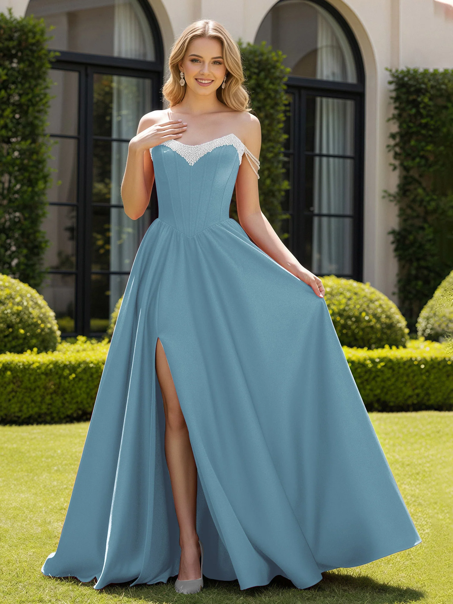 Beaded Off-the-shoulder A-line Sweep Train Slit Gown Slate Blue