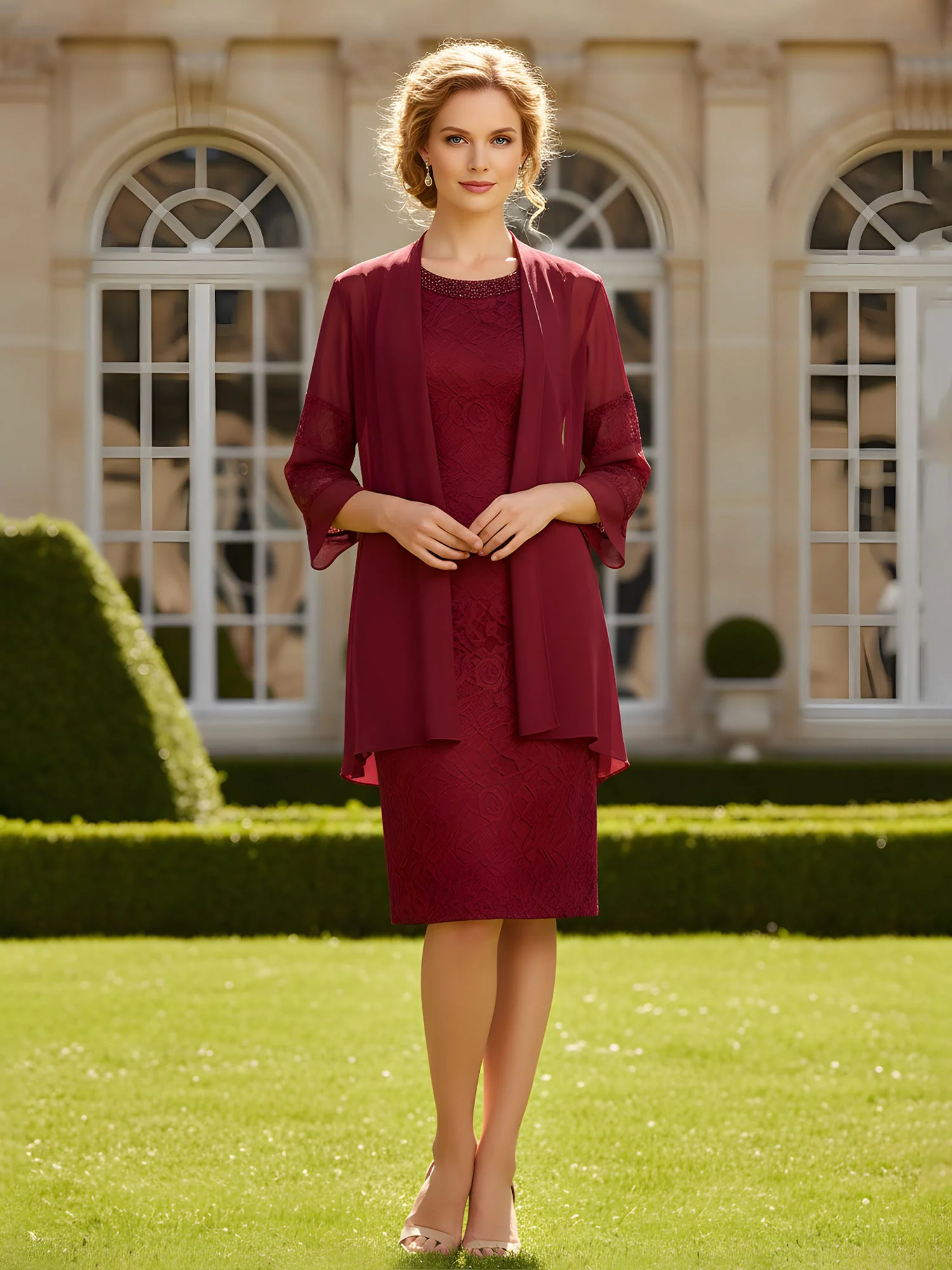 Beaded Scoop Neck Lace Sheath Dress with Jacket Lilac