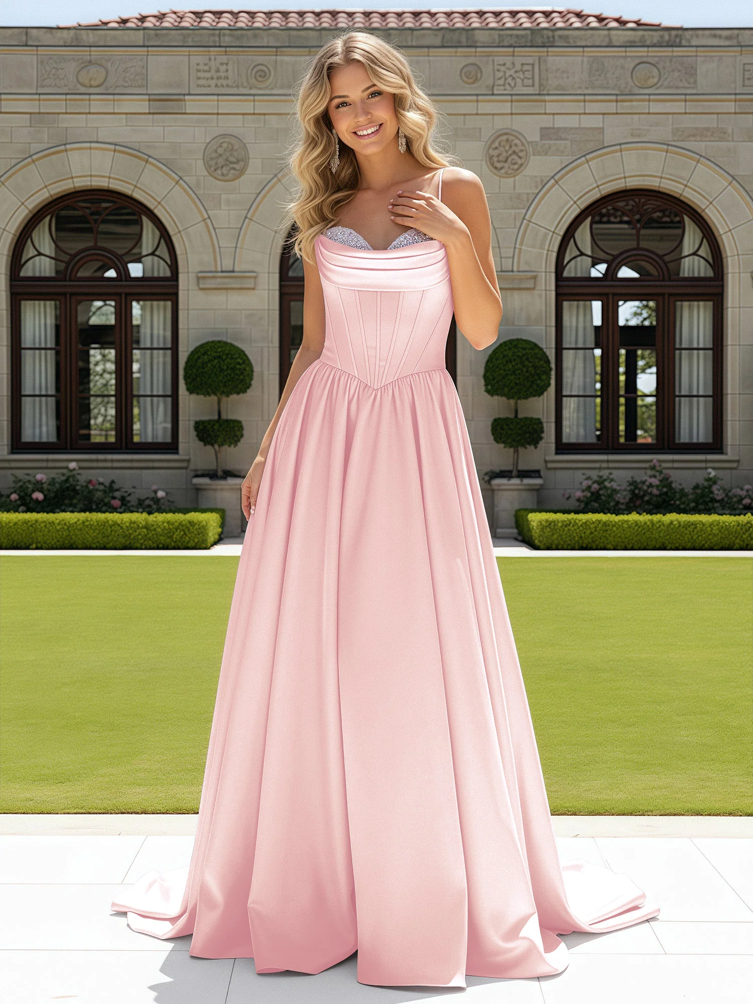Beaded Sweetheart Corset Sweep Train Gown Blushing Pink