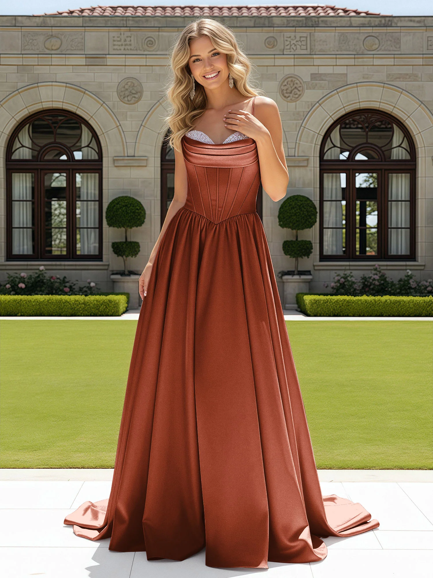 Beaded Sweetheart Corset Sweep Train Gown Rust