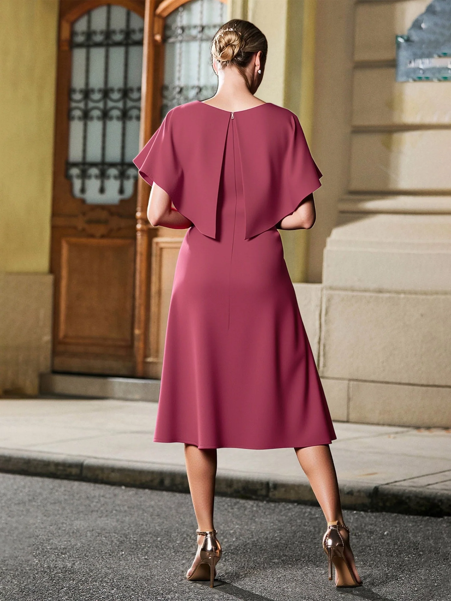 Scoop Neck Flutter Sleeves Appliqued Tea-length Dress Dusty Rose - Image 2