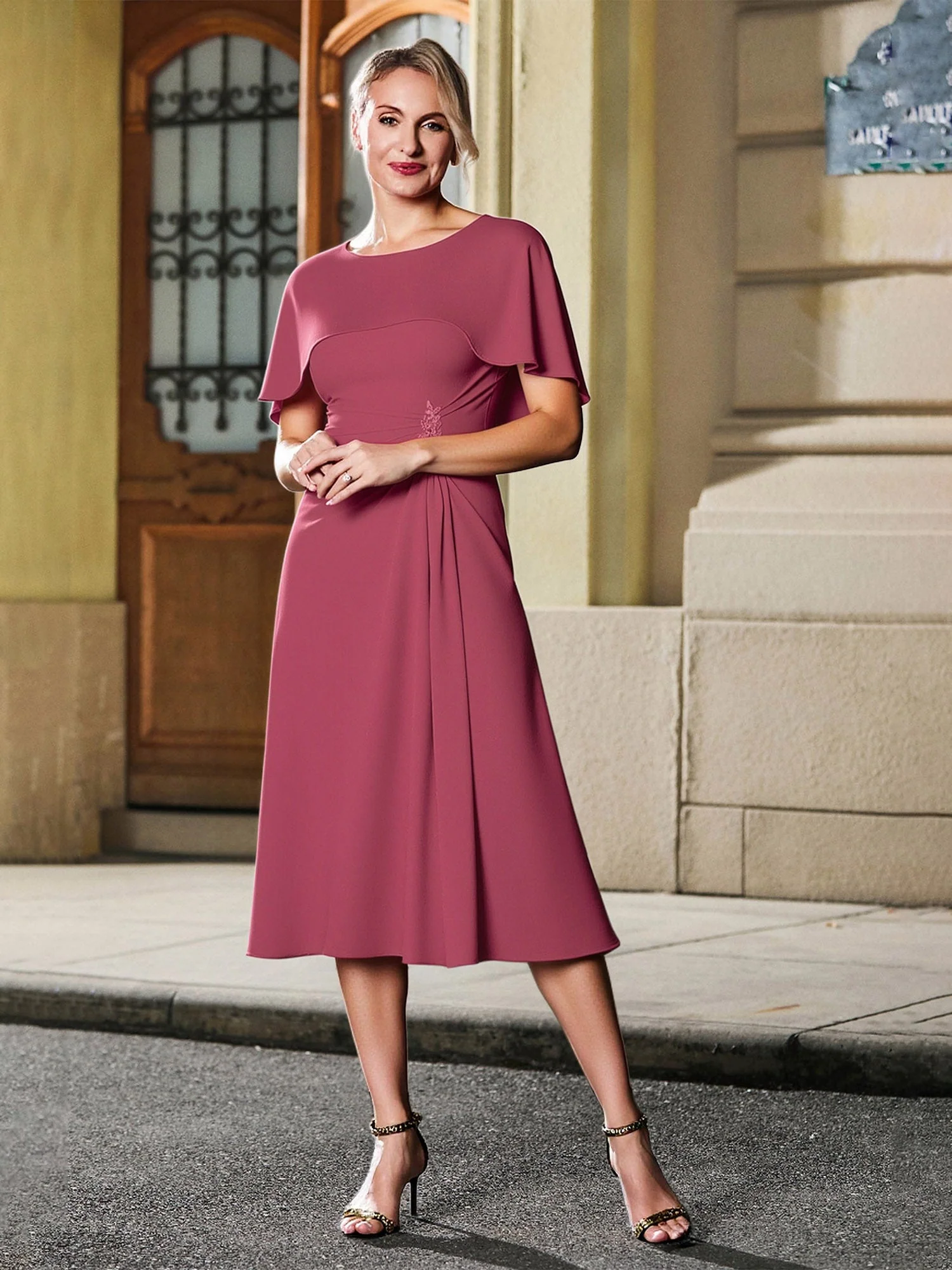 Scoop Neck Flutter Sleeves Appliqued Tea-length Dress Spa