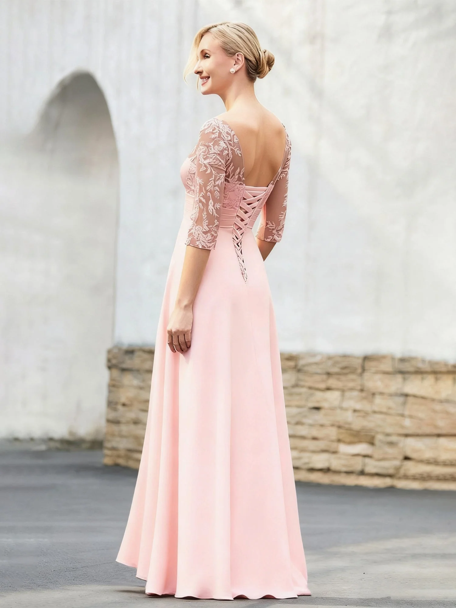 V-neck Appliqued Chiffon A-Line Asymmetrical Dress Papaya - Image 2