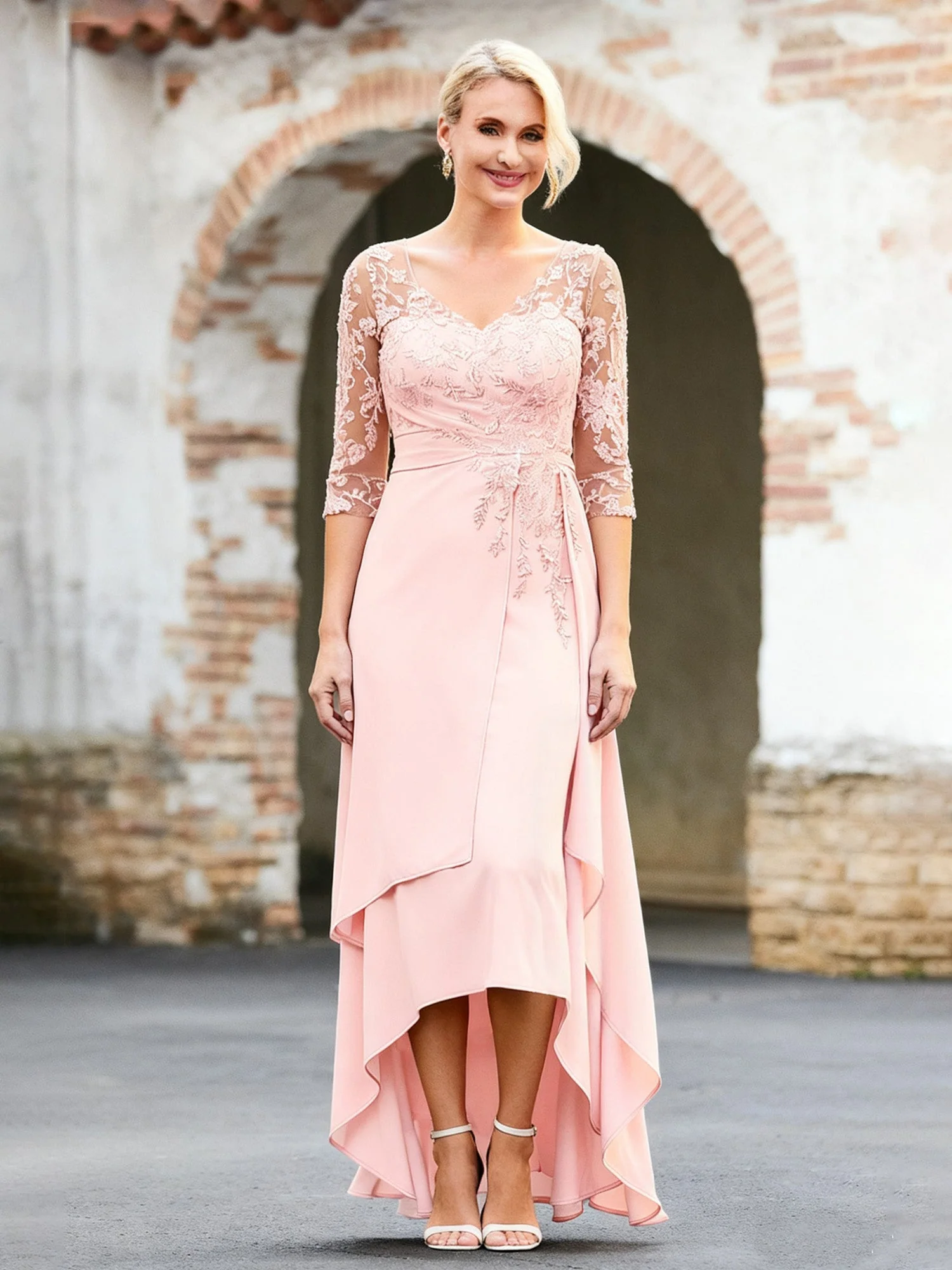 V-neck Appliqued Chiffon A-Line Asymmetrical Dress Vintage Mauve