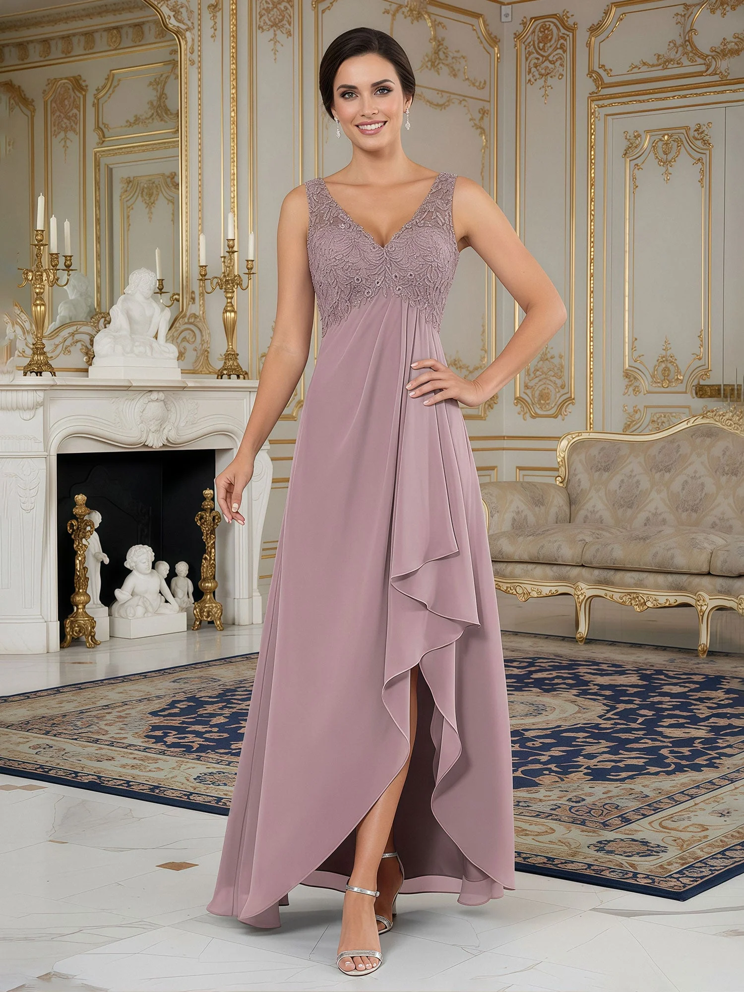 A-Line Lace V-neck Chiffon Asymmetrical Dress Regency
