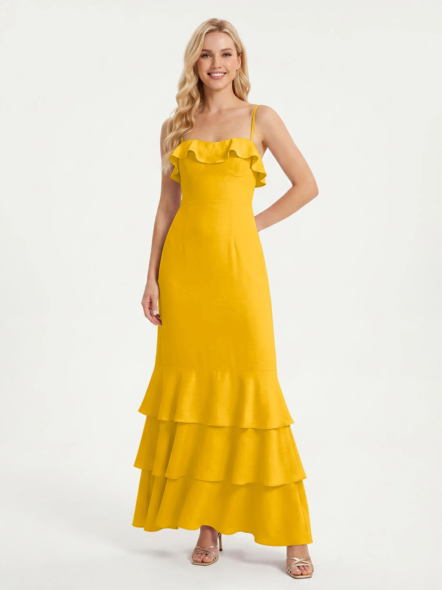 Tiered Ruffle Hem Spaghetti Strap Maxi Dress Marigold