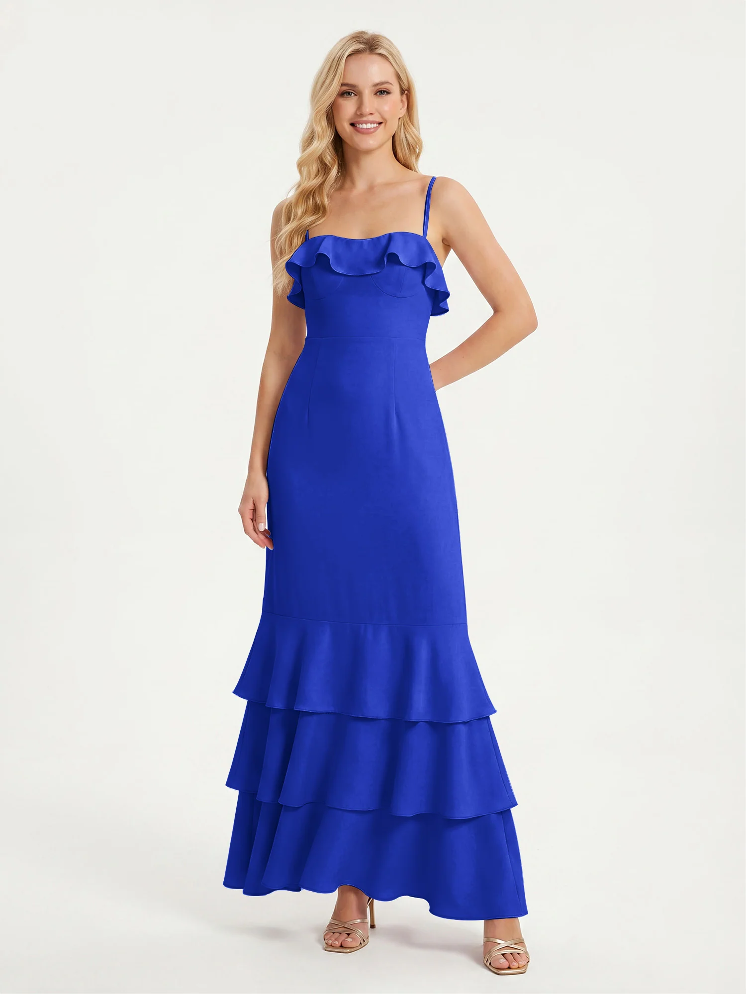 Tiered Ruffle Hem Spaghetti Strap Maxi Dress Royal Blue