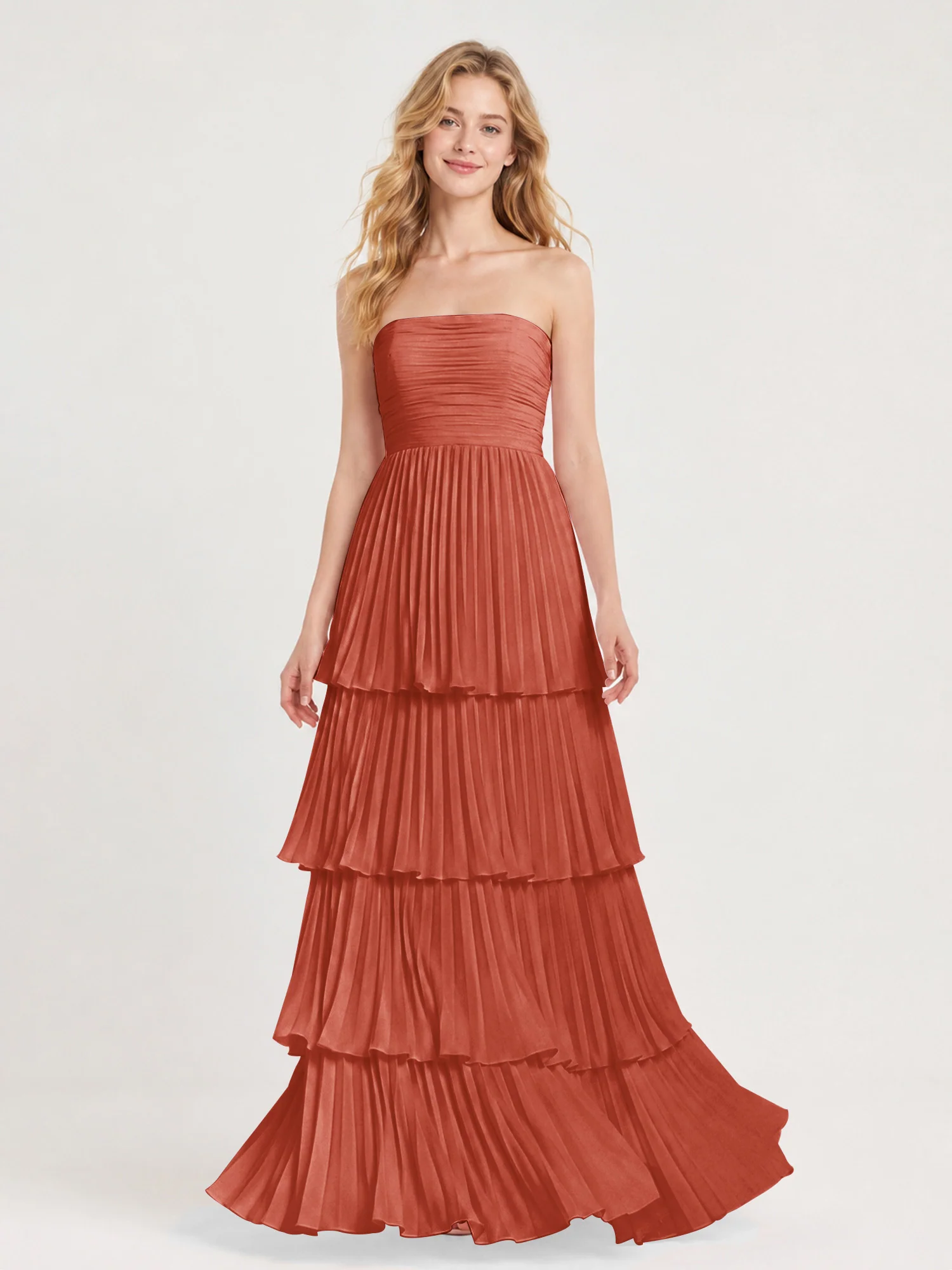 Strapless Bodice Maxi Dress with Accordion Pleats Rust