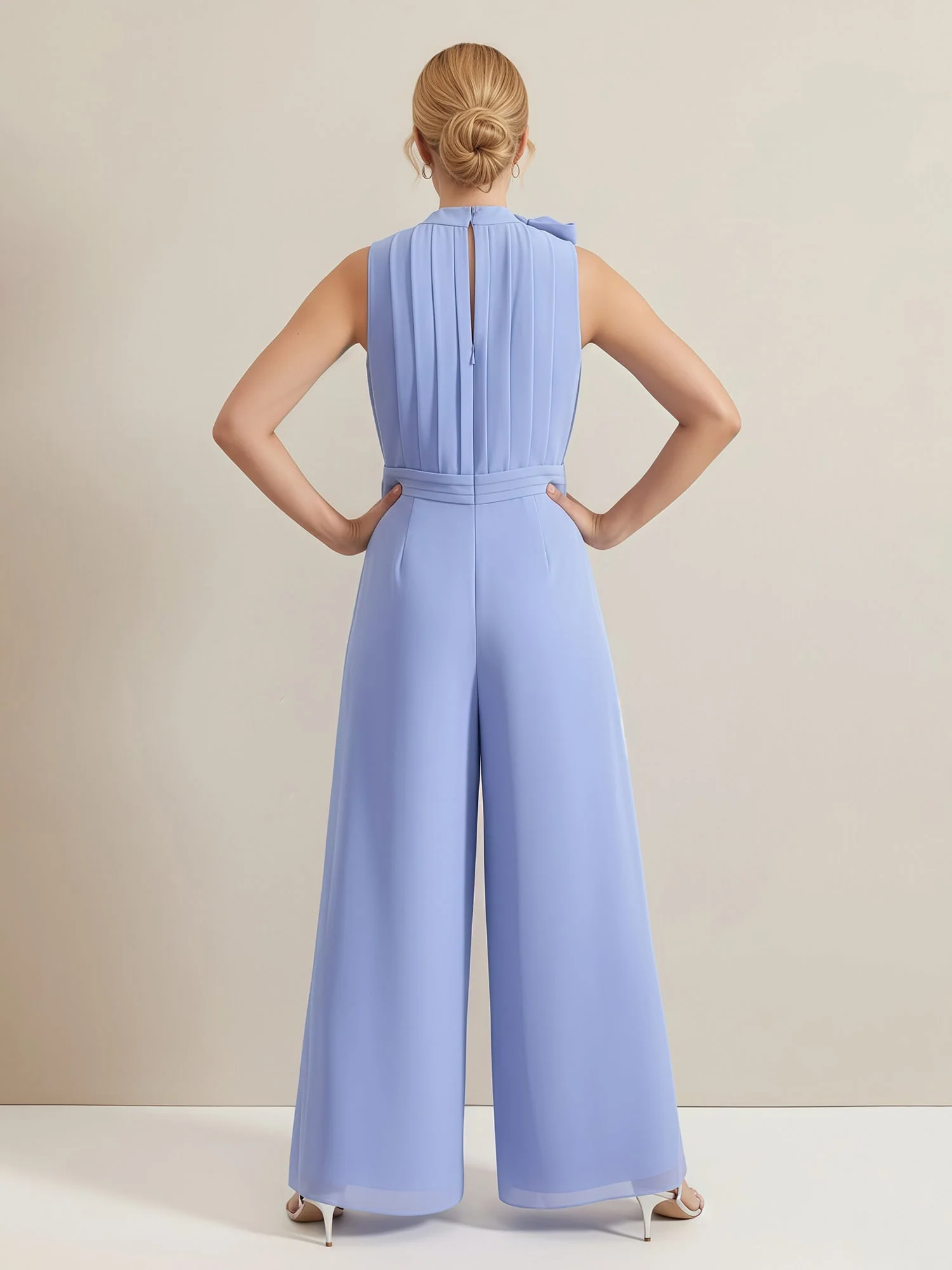 Bow High Neck Pleated Sleeveless Jumpsuit Wisteria - Image 2