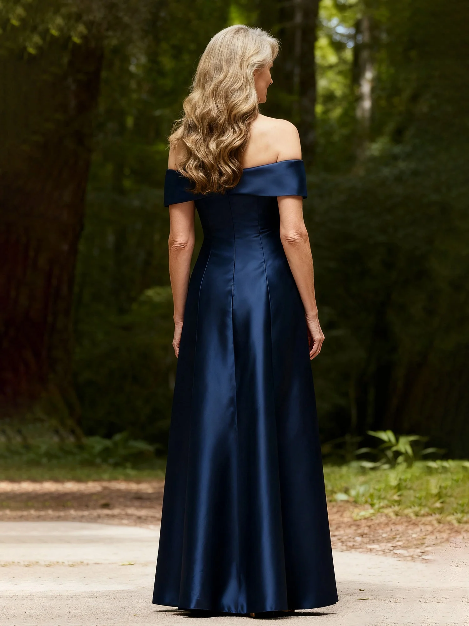 Bow Off-the-Shoulder A-Line Long Satin Dress Dusty Blue - Image 2