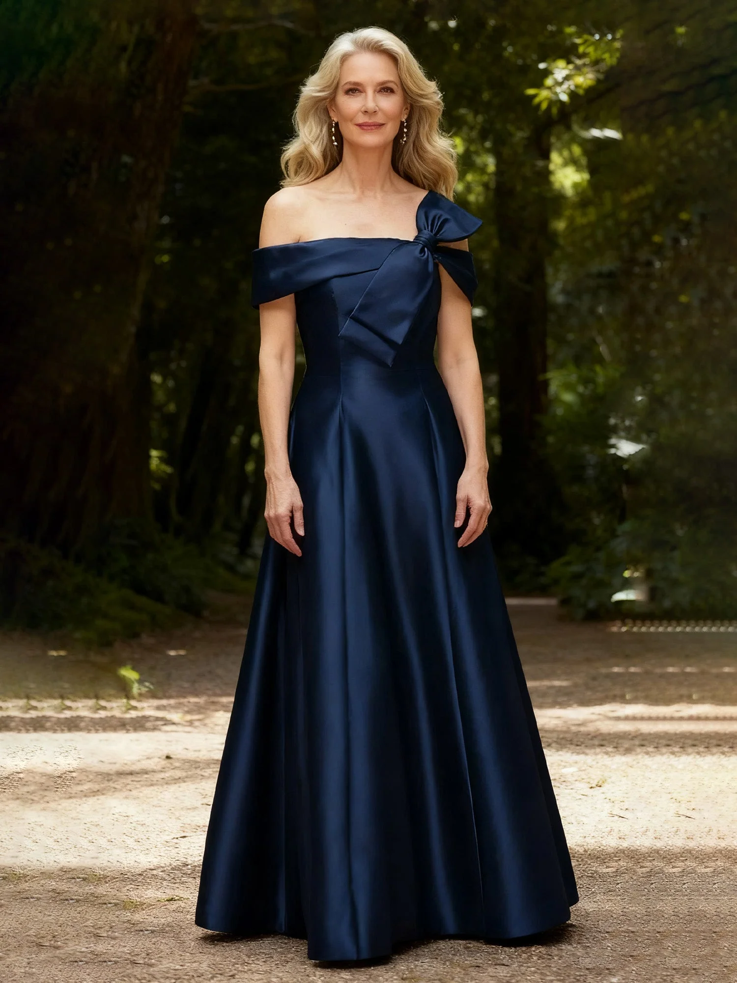 Bow Off-the-Shoulder A-Line Long Satin Dress Lilac
