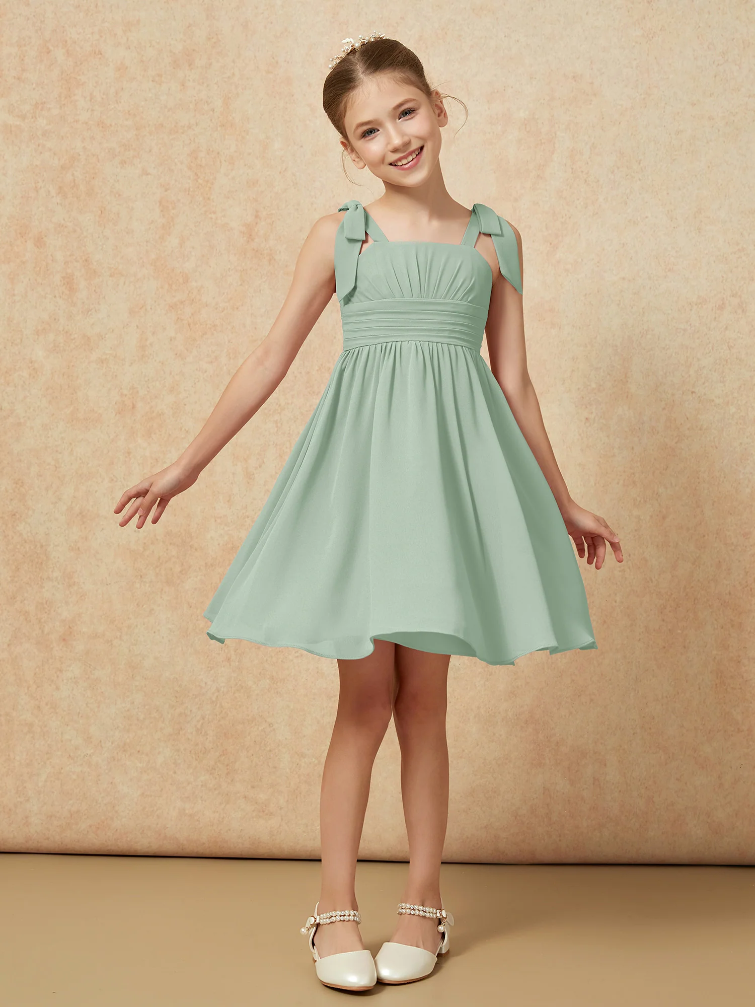 Bowknot Straps Knee-length Junior Bridesmaid Dresses Agave