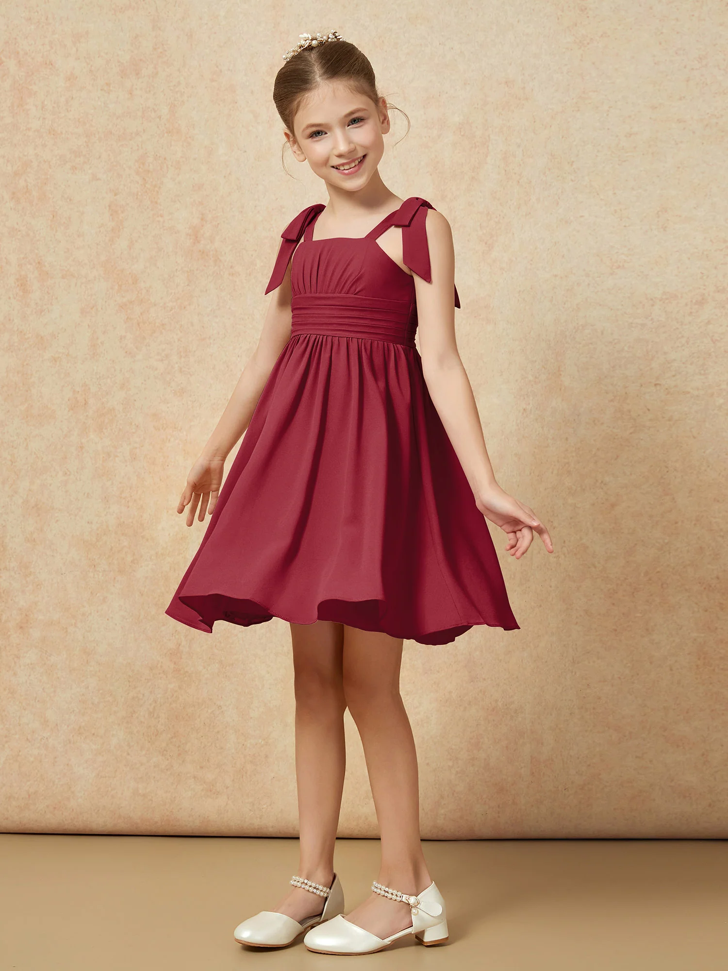 Bowknot Straps Knee-length Junior Bridesmaid Dresses Burgundy - Image 3