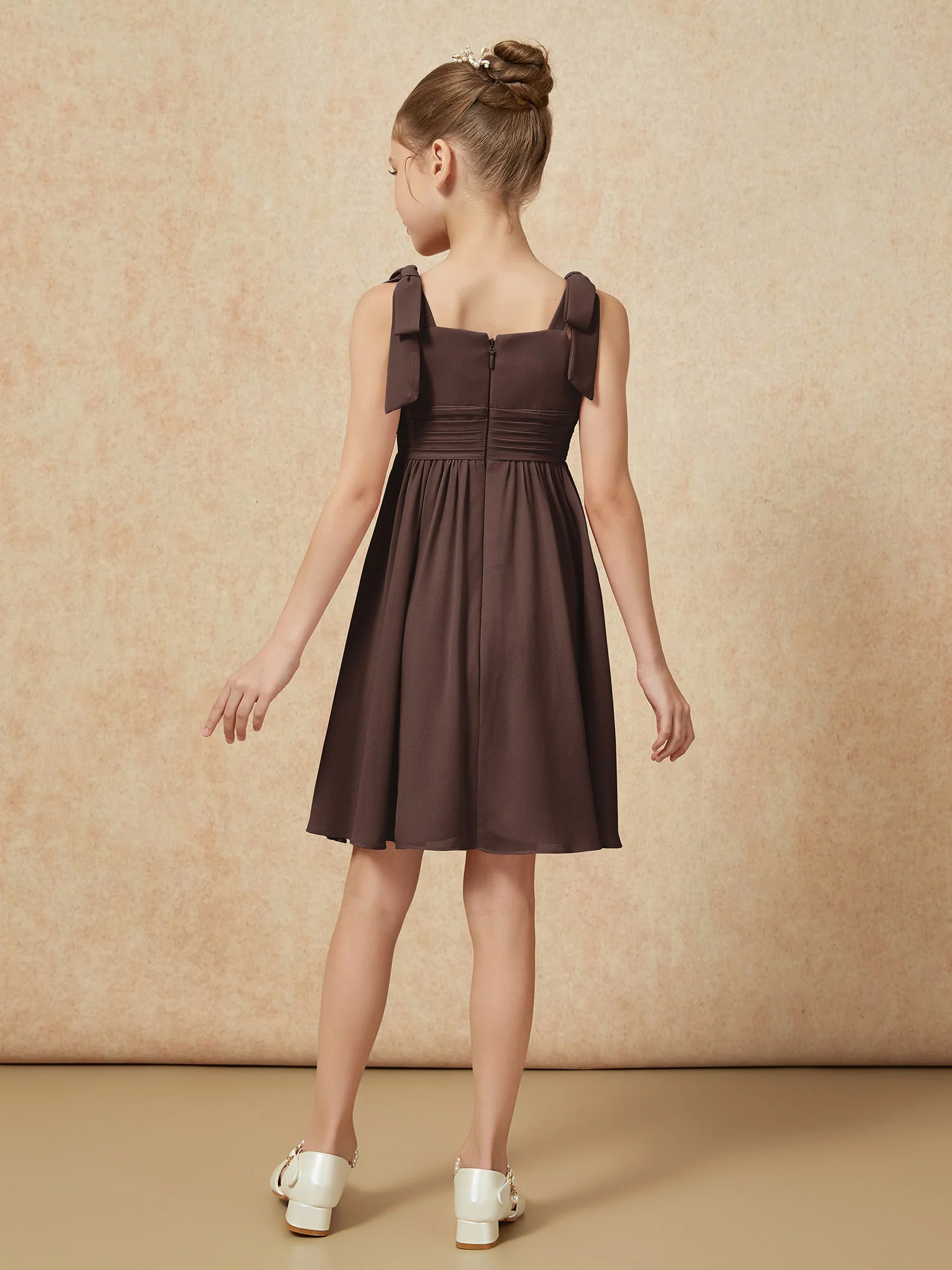 Bowknot Straps Knee-length Junior Bridesmaid Dresses Chocolate - Image 2