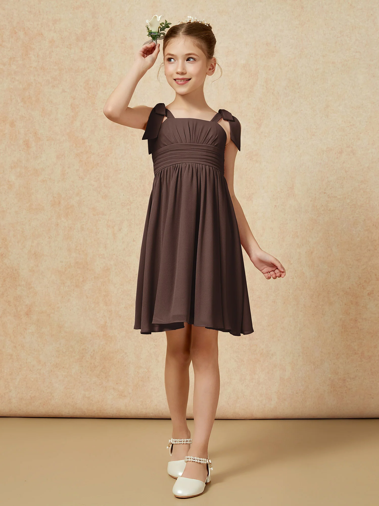 Bowknot Straps Knee-length Junior Bridesmaid Dresses Chocolate - Image 4