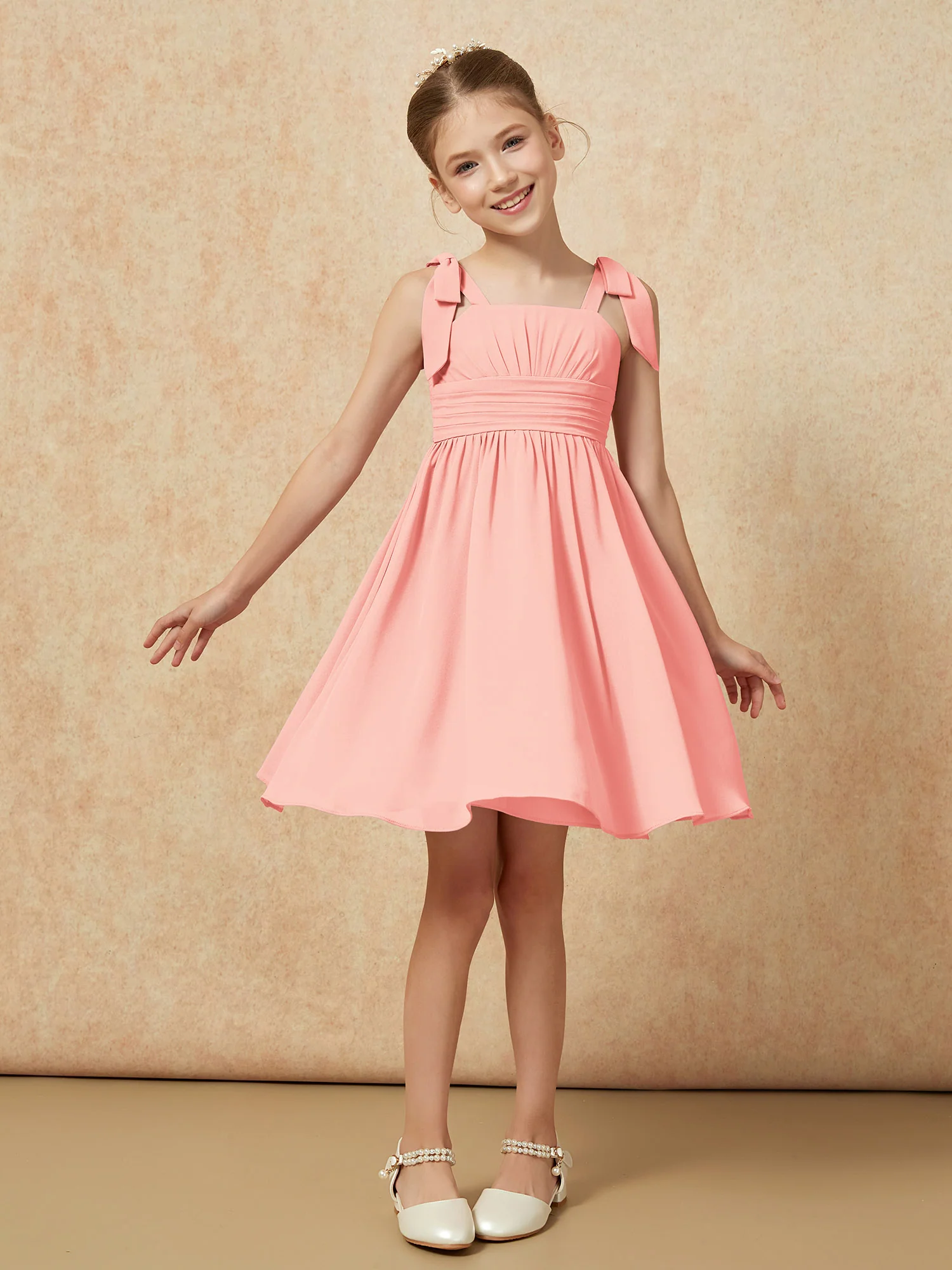 Bowknot Straps Knee-length Junior Bridesmaid Dresses Coral