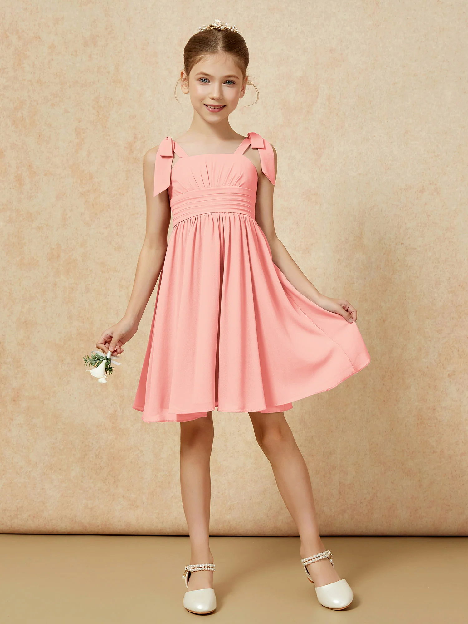 Bowknot Straps Knee-length Junior Bridesmaid Dresses Coral - Image 5