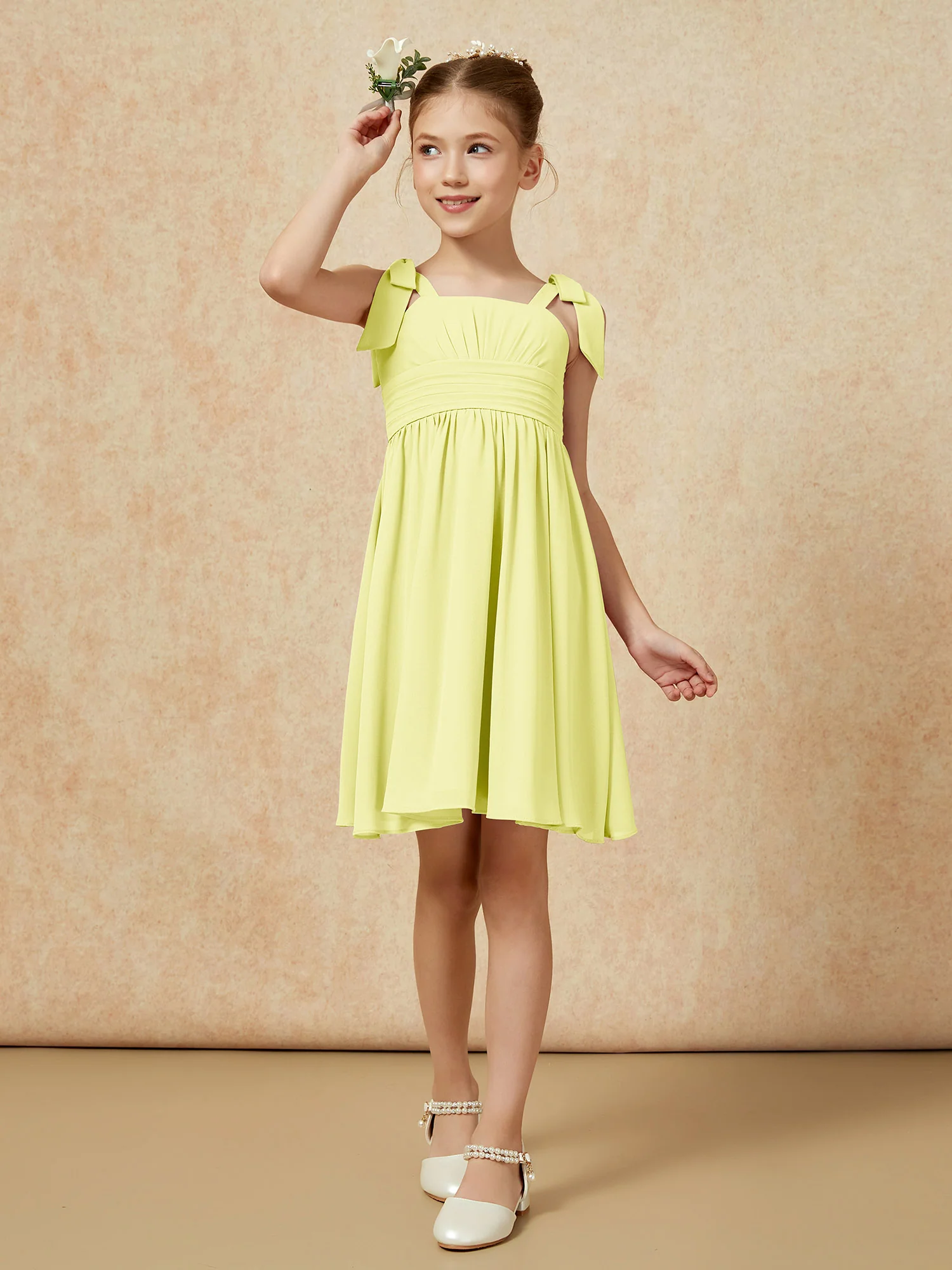 Bowknot Straps Knee-length Junior Bridesmaid Dresses Daffodil - Image 4