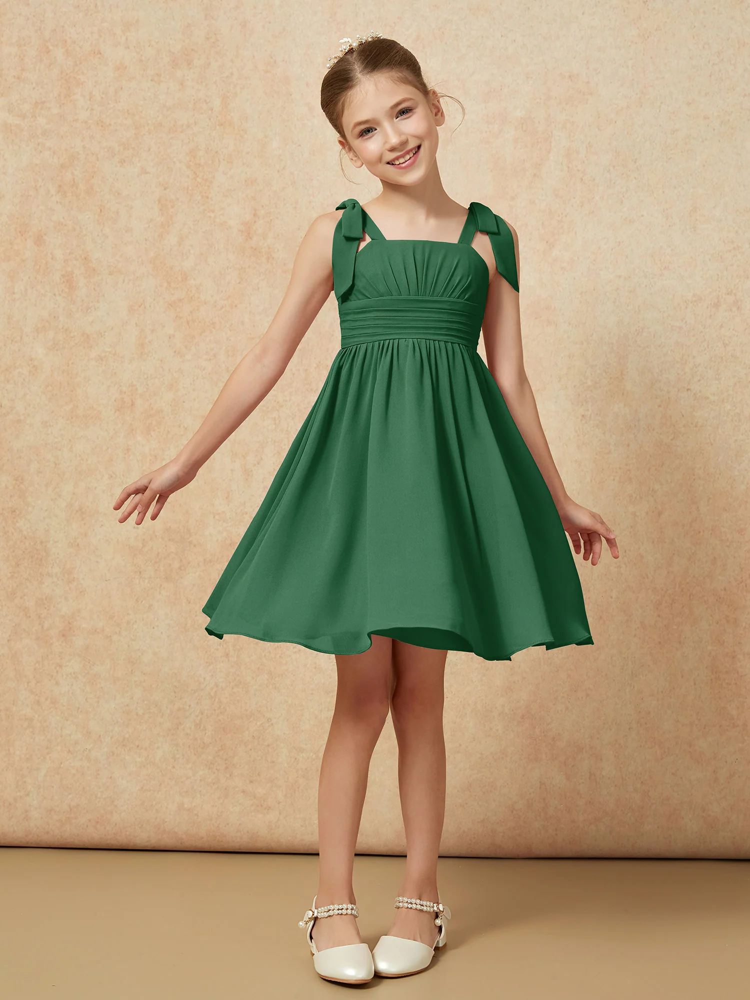 Bowknot Straps Knee-length Junior Bridesmaid Dresses Dark Green