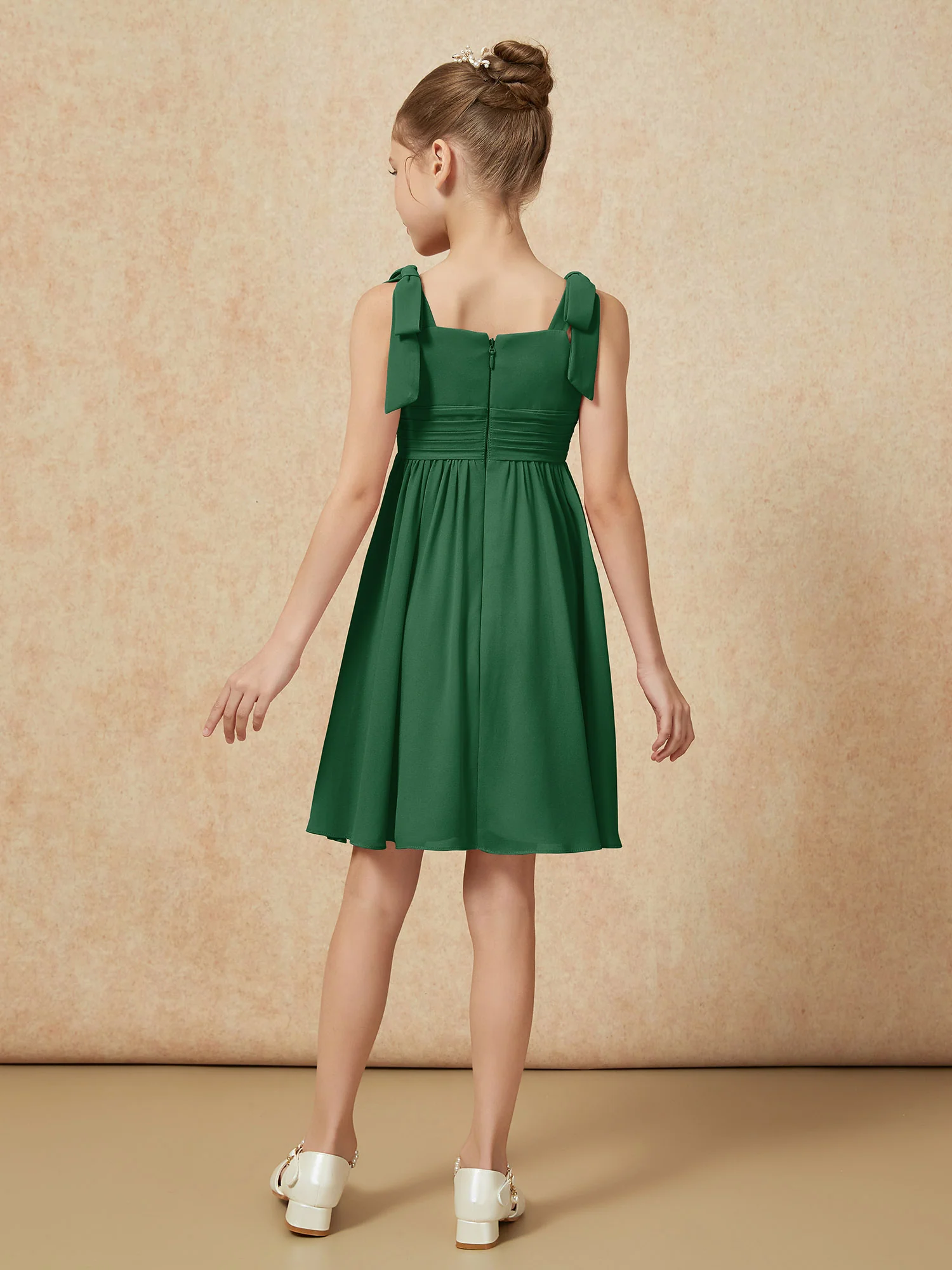 Bowknot Straps Knee-length Junior Bridesmaid Dresses Dark Green - Image 2