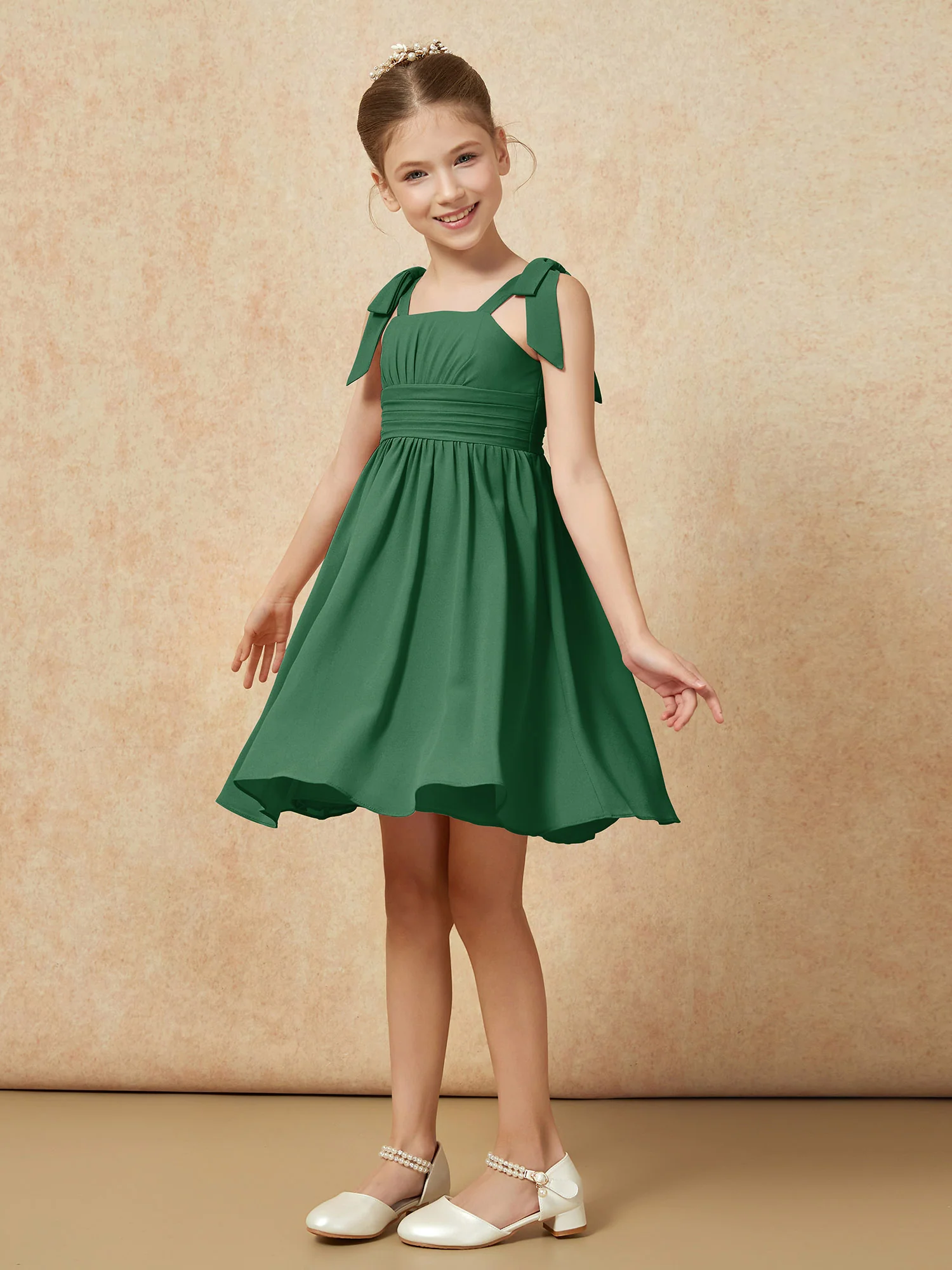 Bowknot Straps Knee-length Junior Bridesmaid Dresses Dark Green - Image 3