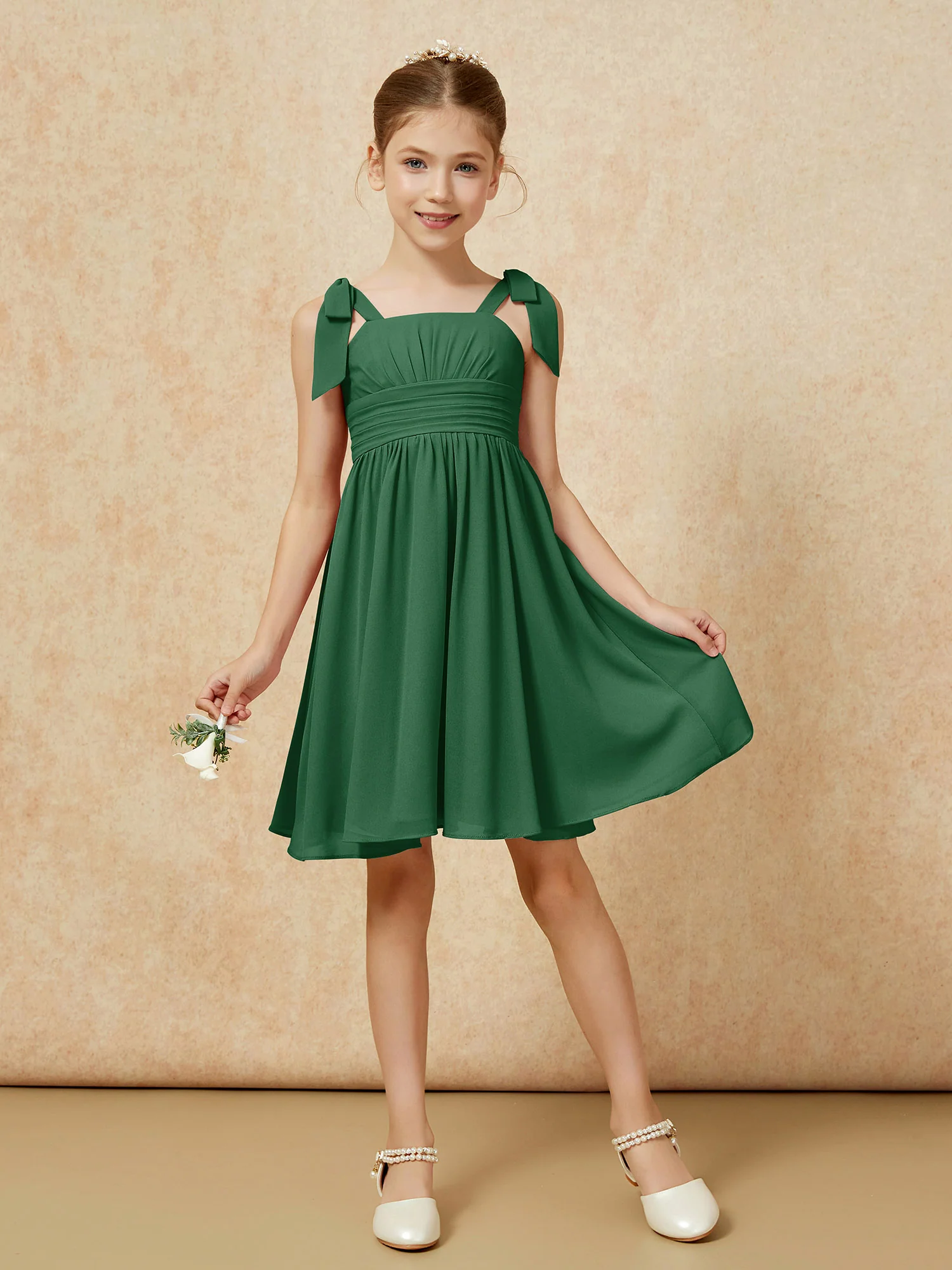 Bowknot Straps Knee-length Junior Bridesmaid Dresses Dark Green - Image 5