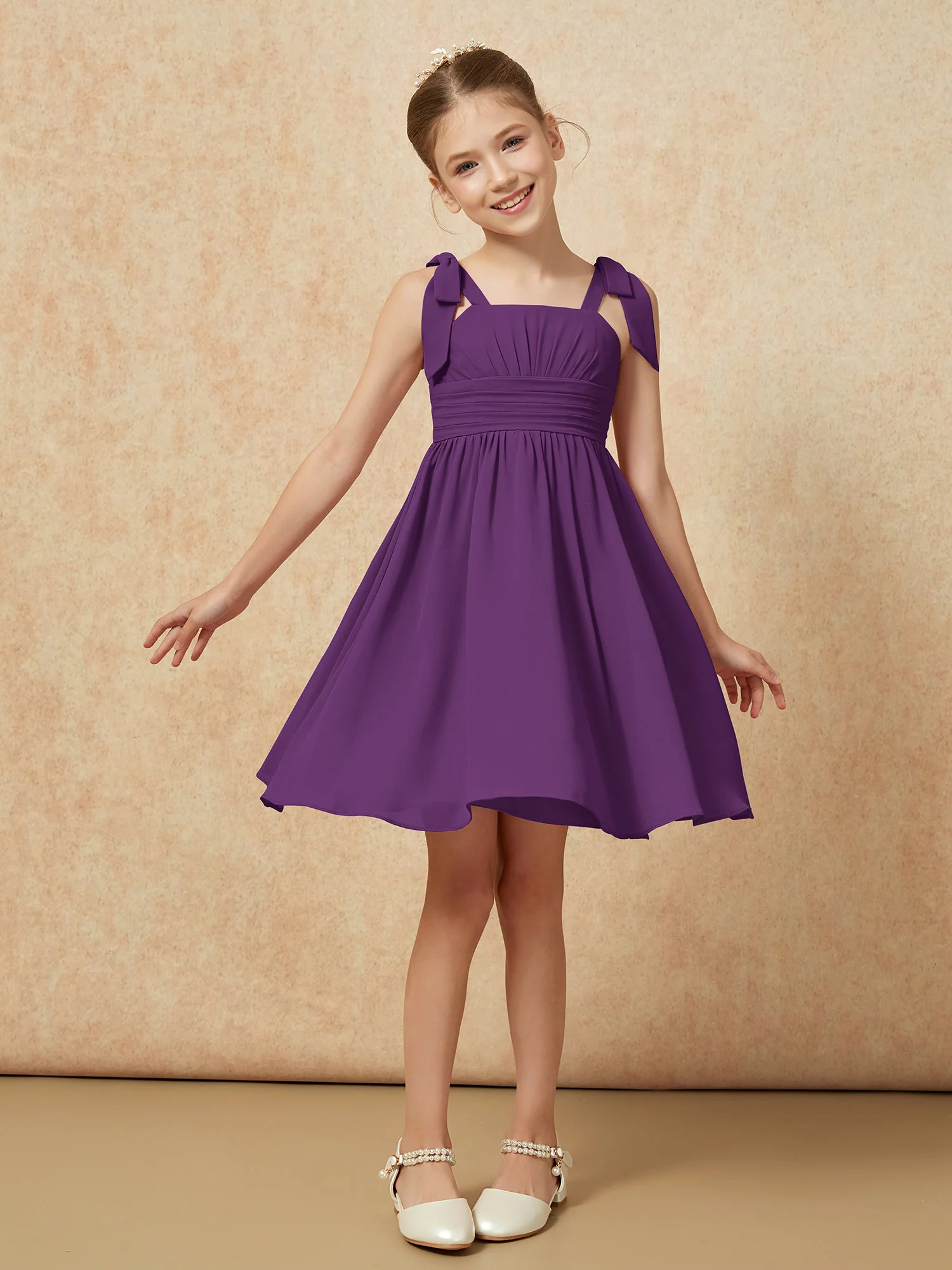 Bowknot Straps Knee-length Junior Bridesmaid Dresses Grape