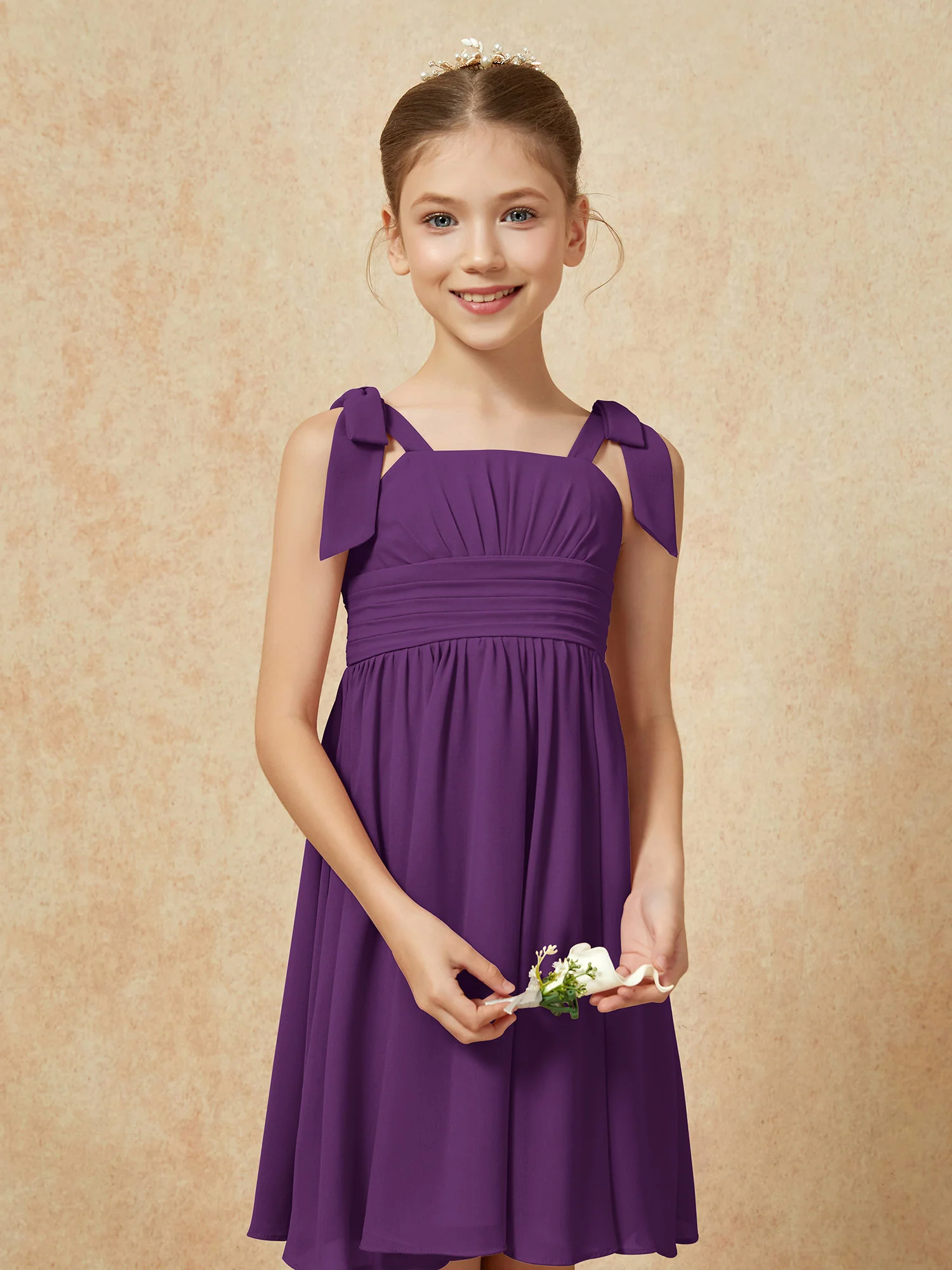 Bowknot Straps Knee-length Junior Bridesmaid Dresses Grape - Image 6