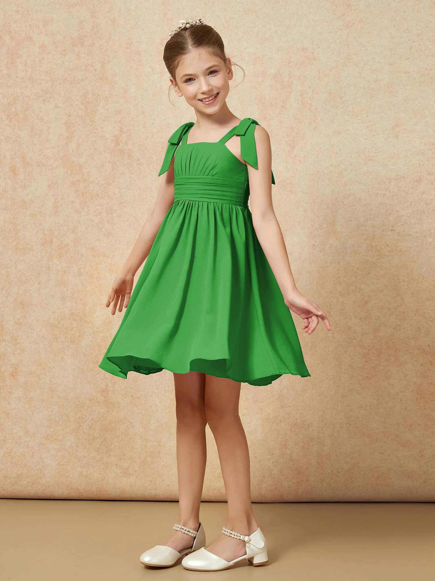 Bowknot Straps Knee-length Junior Bridesmaid Dresses Green - Image 3