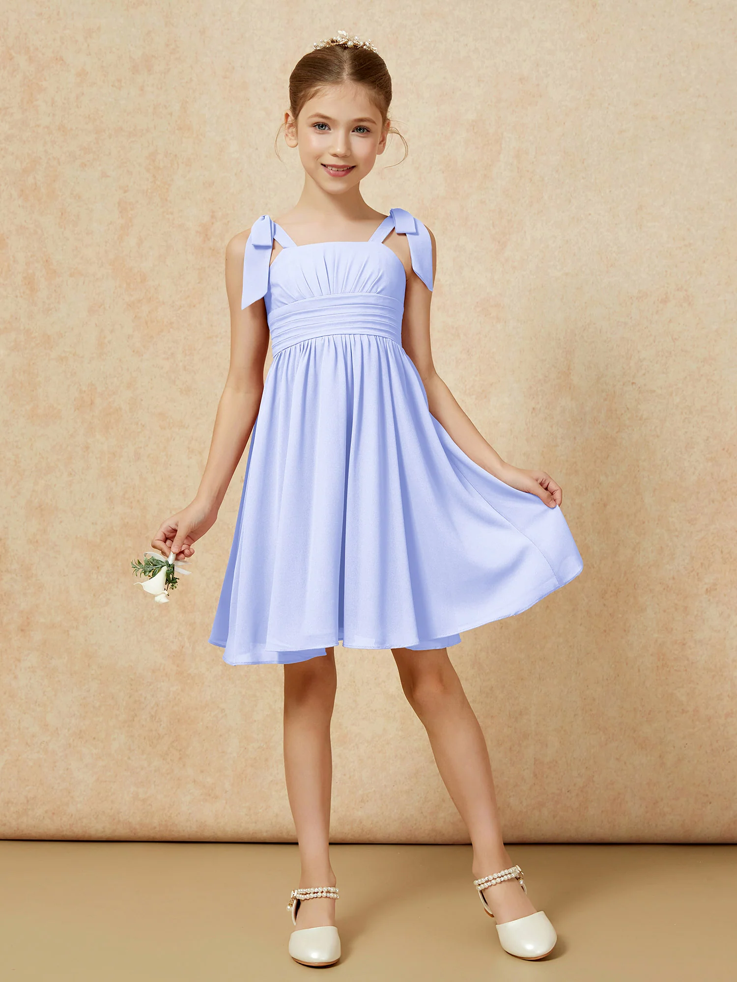 Bowknot Straps Knee-length Junior Bridesmaid Dresses Lavender - Image 5
