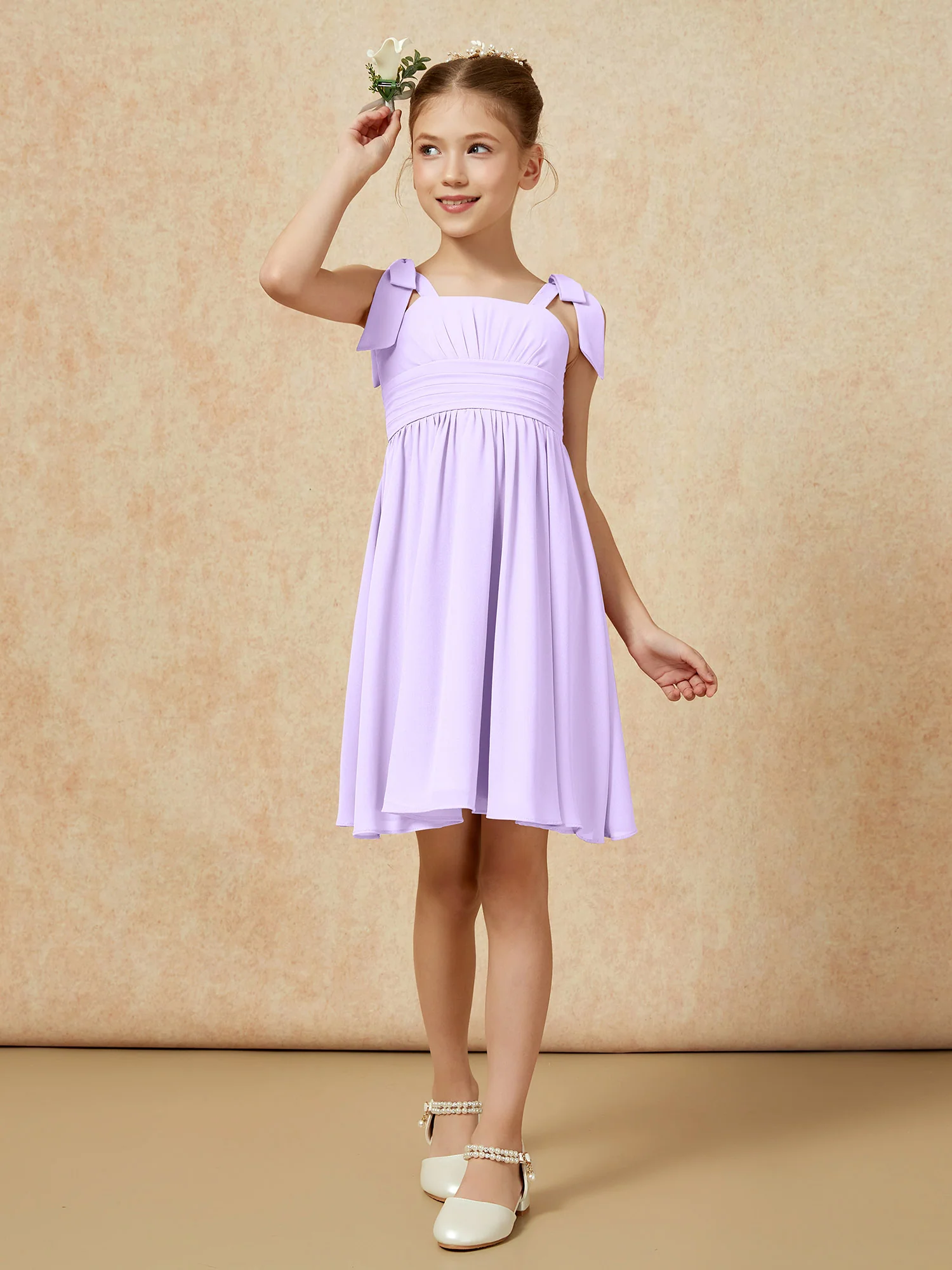 Bowknot Straps Knee-length Junior Bridesmaid Dresses Lilac - Image 4