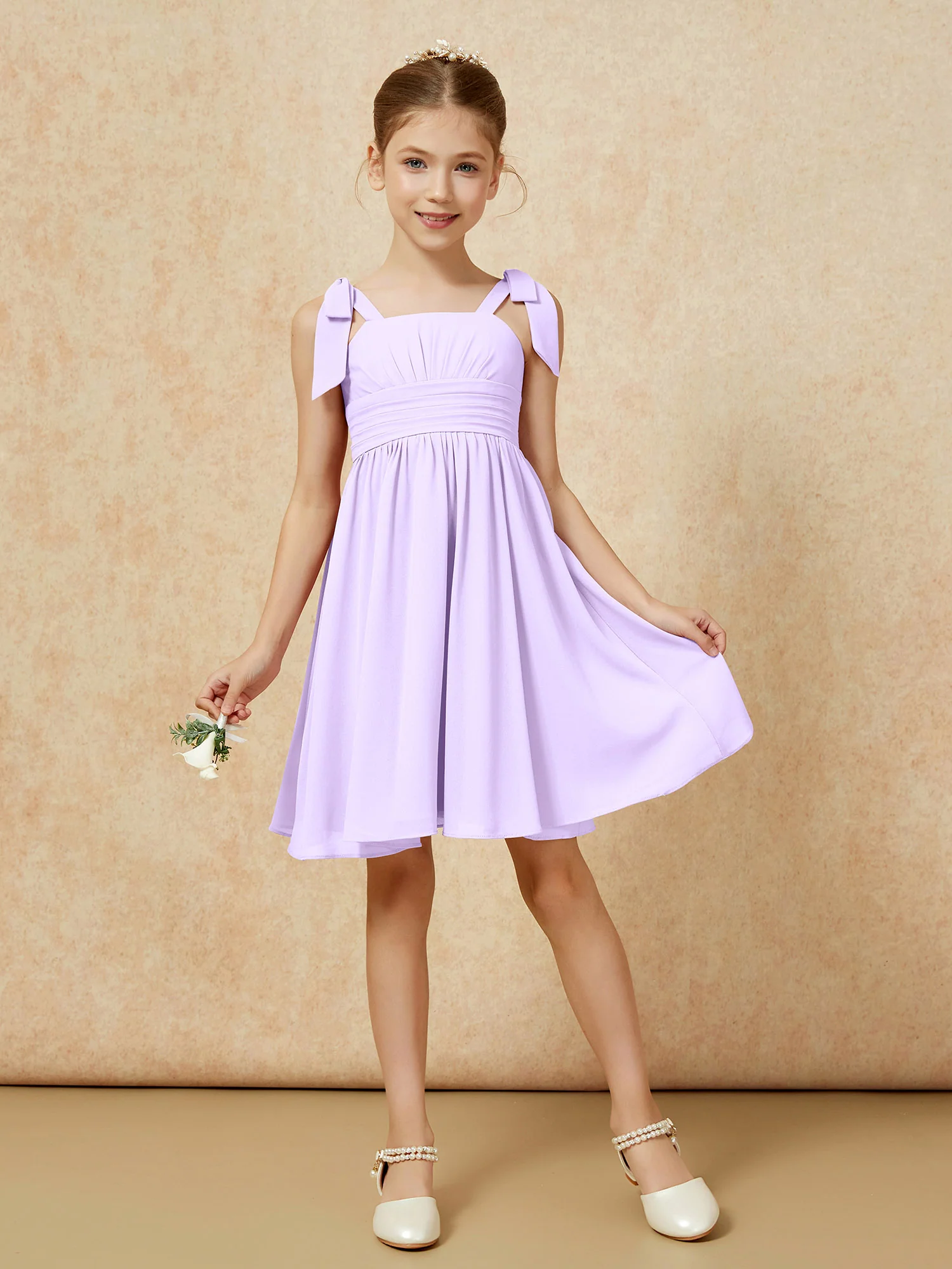 Bowknot Straps Knee-length Junior Bridesmaid Dresses Lilac - Image 5