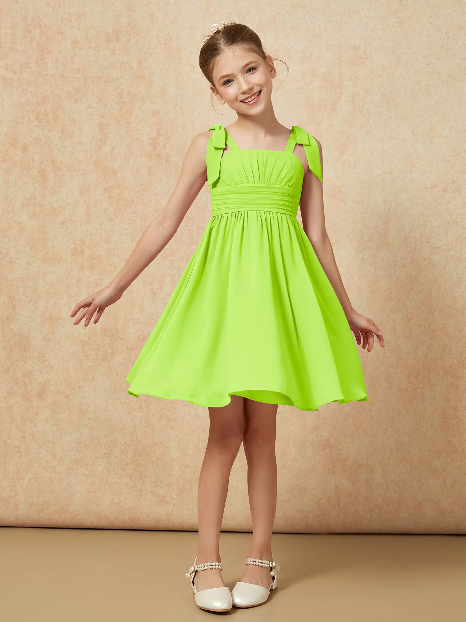 Bowknot Straps Knee-length Junior Bridesmaid Dresses Lime Green