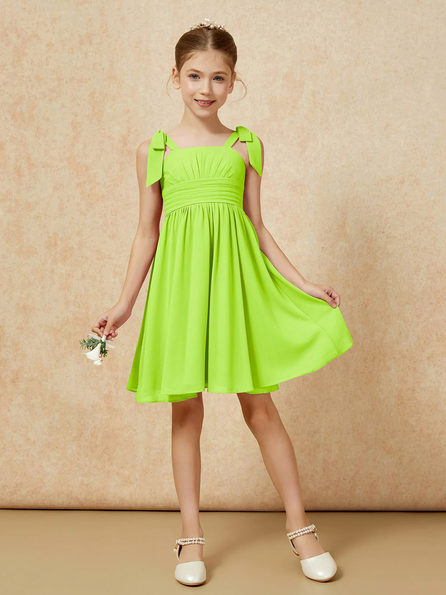 Bowknot Straps Knee-length Junior Bridesmaid Dresses Lime Green - Image 5